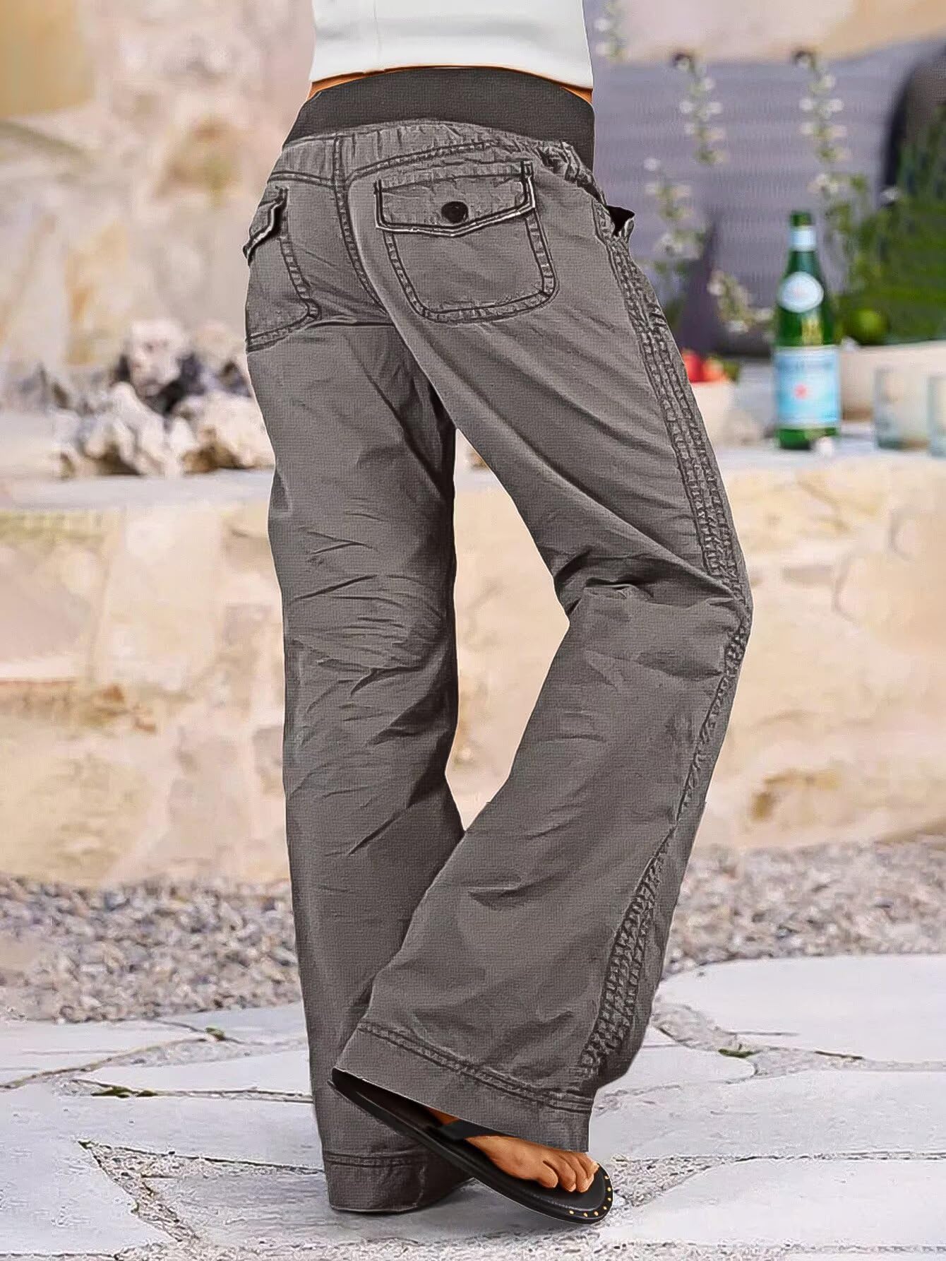 Flamingals Straight Leg Pants for Women Drawstring Waist Mid Rise Casual Solid Seam Detail Pants