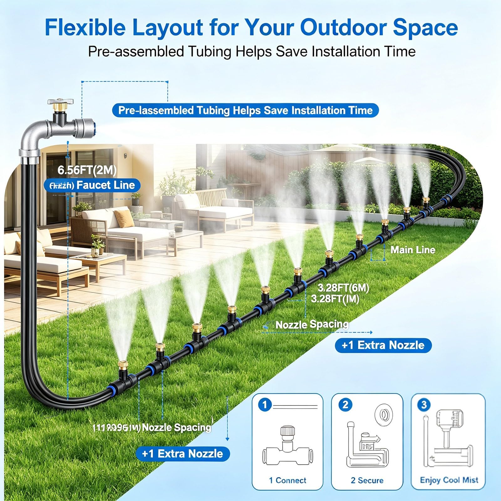 Kit Brumisateur Terrasse Extérieur (12 Mètres / 16 Buses) - Système de Refroidissement par Brumisation avec Raccords Rapides et Buses en Laiton, Brumisateur Eau pour Jardin, Pergola, Parasol
