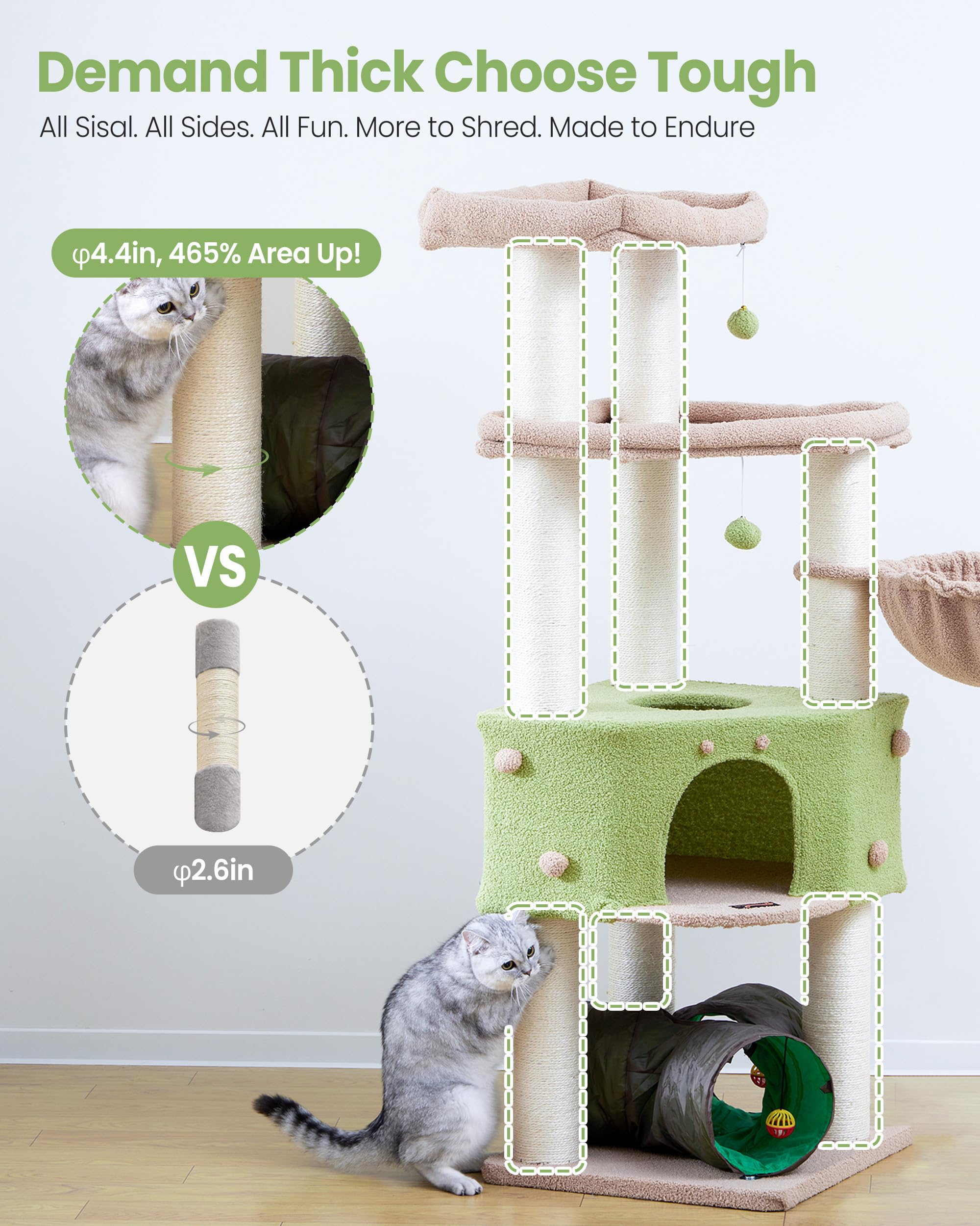 Heavy Duty Cat Tree for Large Cats Adult - 60 Inch XXL Sturdy Cat Tower Condo with Extra Wide Scratching Posts (&phi;4.4in) Big Cat House Hammock Perch - Indoor Wood Modern Multi Level Corner Cat Bed - image 4