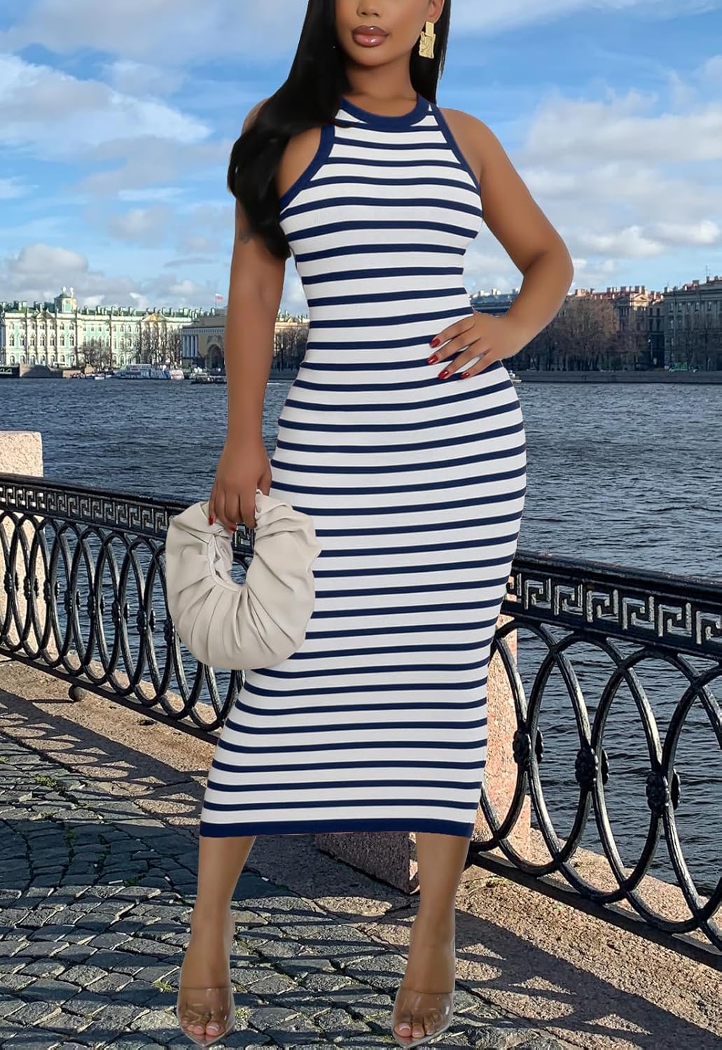 Sleeveless Striped Bodycon Tank Dress for Women Slim Fitted Summer Ribbed Pencil Midi Dresses - Image 7