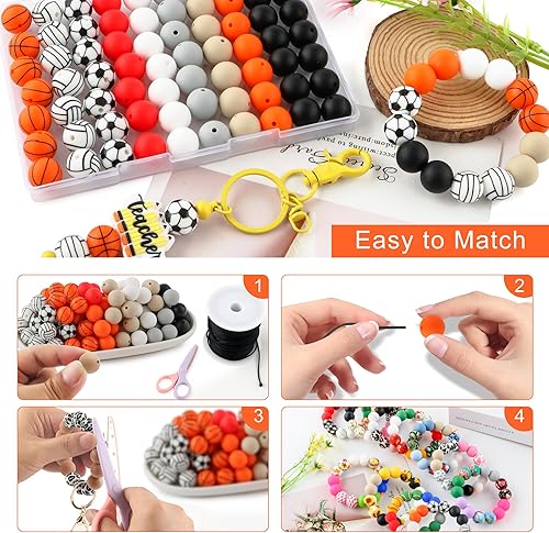 Miniatura 6 de HHCFAST 70 cuentas de silicona impresas deportivas, cuentas de silicona de 0.59 pulgadas para hacer llaveros, cuentas de silicona para bolígrafos,