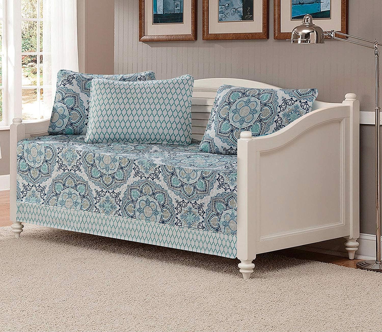 Fancy Collection 5pc Day Bed Cover Modern Reversible Grey New (Medalion Blue)