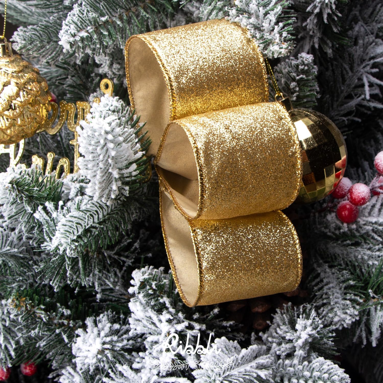 Ribbli Gold Glitter Wired Ribbon with Gold Metallic Edge,Christmas Ribbon for Wreath, Tree Decoration, Home Decor, 2-1/2 Inch x 10 Yards