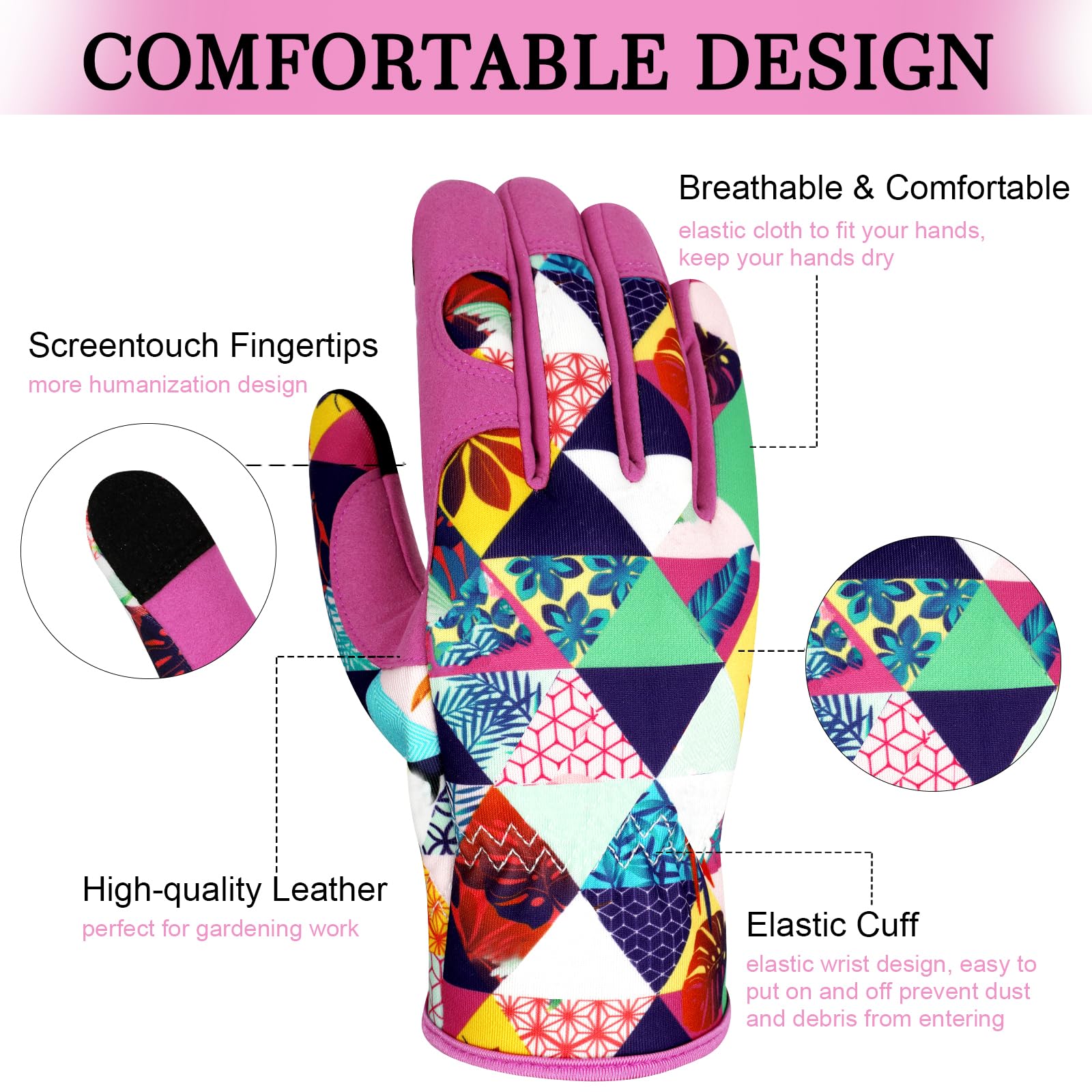 Gartenhandschuhe aus Leder für Damen, dornensicher, Touchscreen-Design, robuste Arbeitshandschuhe zum Pflanzen, Graben, Beschneiden, Farbe T