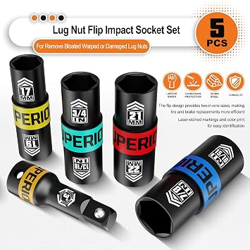 1/2 Drive Lug Nut Impact Socket Set, 5 Pcs Impact Sockets, Flip Socket Set, Thin Wall Nut Sockets with 3 Extension Bar, Remove Bloated Warped, Damaged Lug Nuts