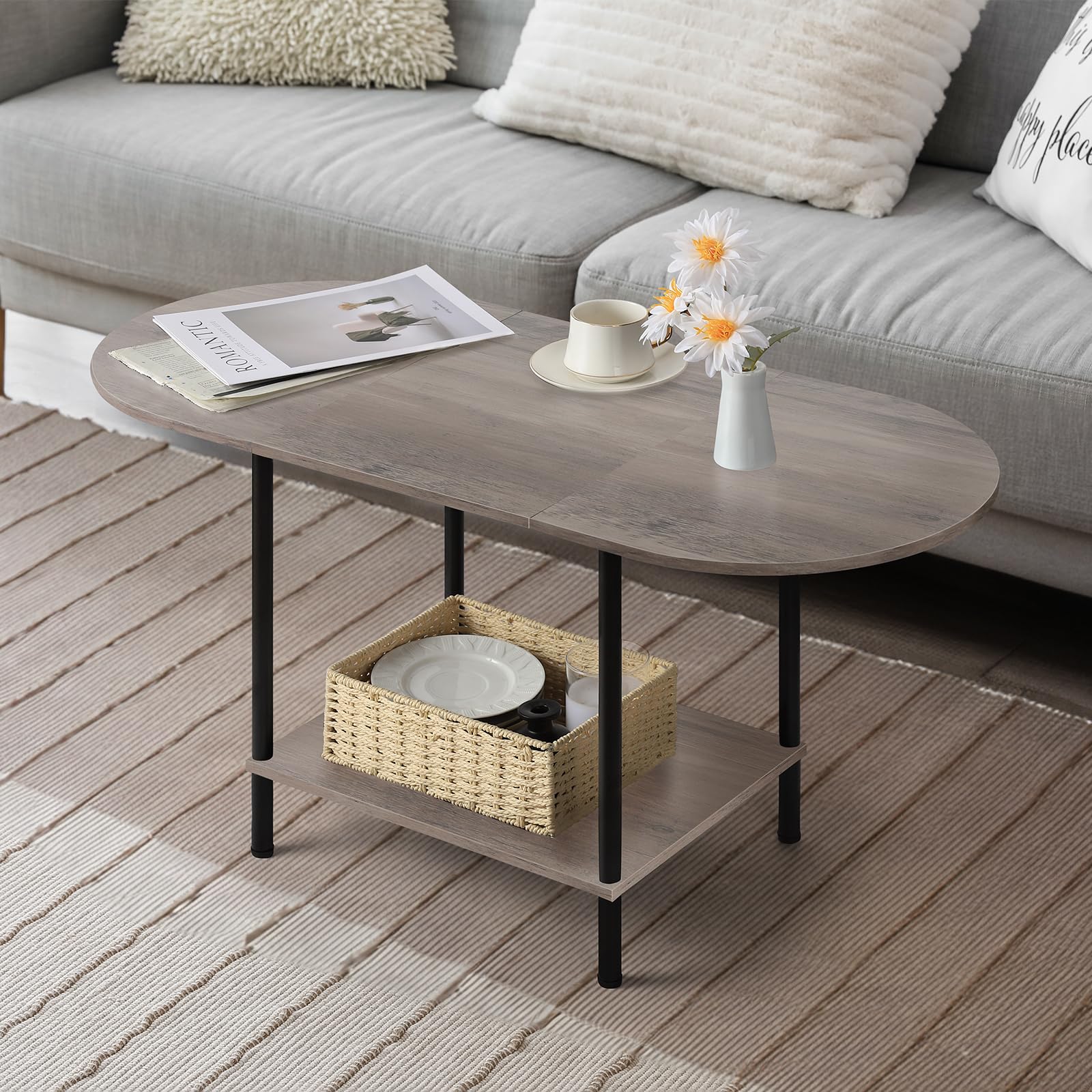 Shinoske Coffee Tables for Living Room 2-Tier Small Oval Center Table Industrial Modern Style Coffee Tables with Storage
