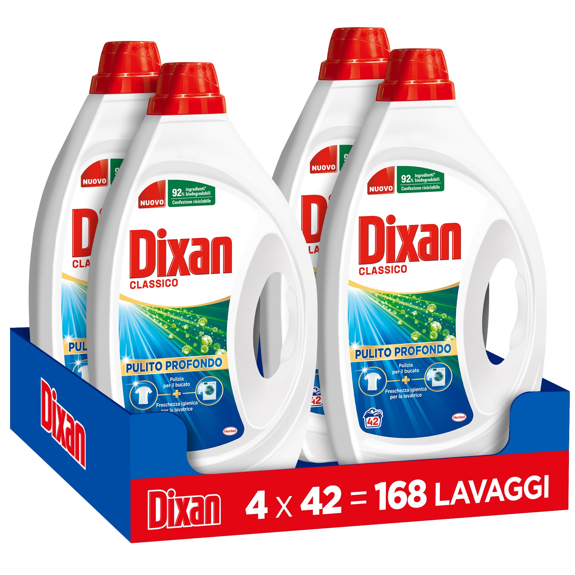 Dixan Liquido Classico Detersivo Lavatrice (4 confezioni da 42 Lavaggi), per una pulizia profonda del bucato e freschezza igienica per la lavatrice, Rimuove le macchie da 20°C