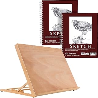 U.S. Art Supply X-Large 25-5/8" Wide x 19" Tall (A2) Artist Adjustable Wood Drawing Board Bundle with 11" x 14" Side Spiral Bound - 60lb Sketch Drawing Pad (Pack of 2 Pads)
