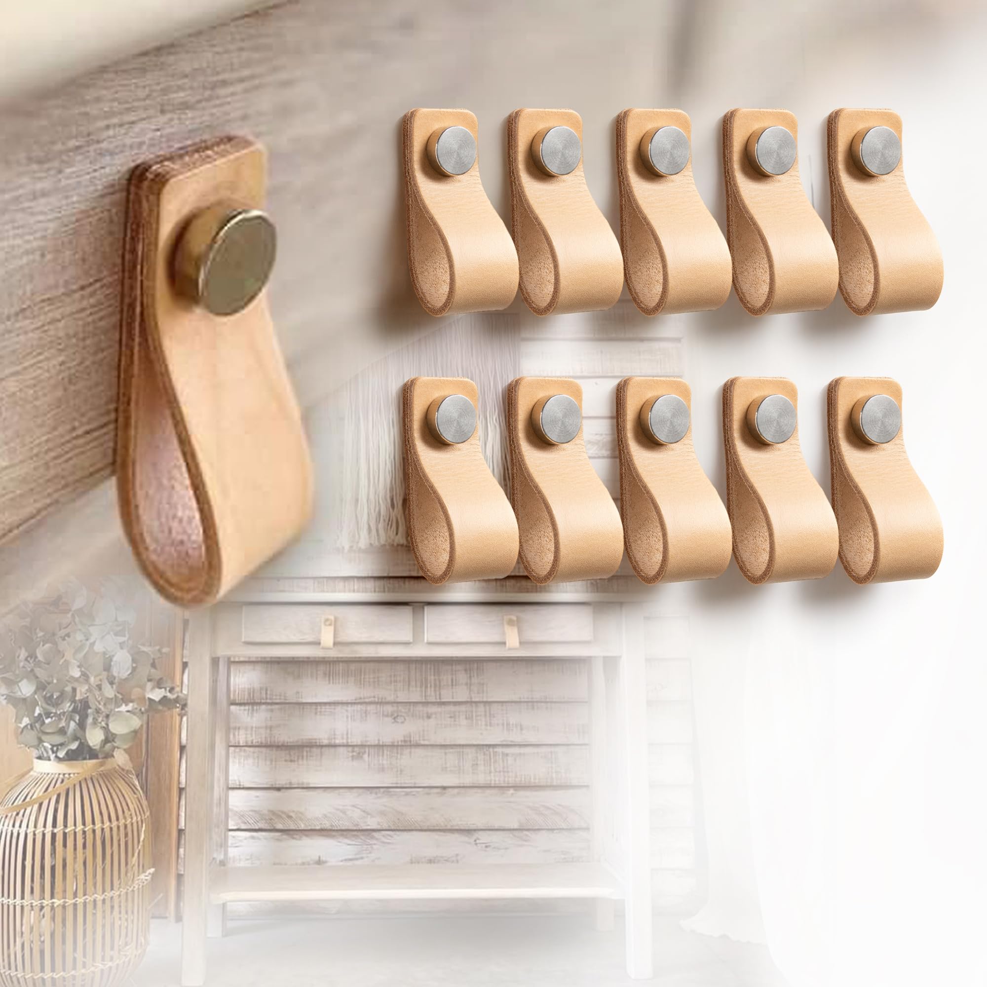 TIRADOR de Cuero para Mueble Armario Beige (10 Pcs) - Piel Vacuno Genuino Argentino Minimalista (MEDIUM, Natural)