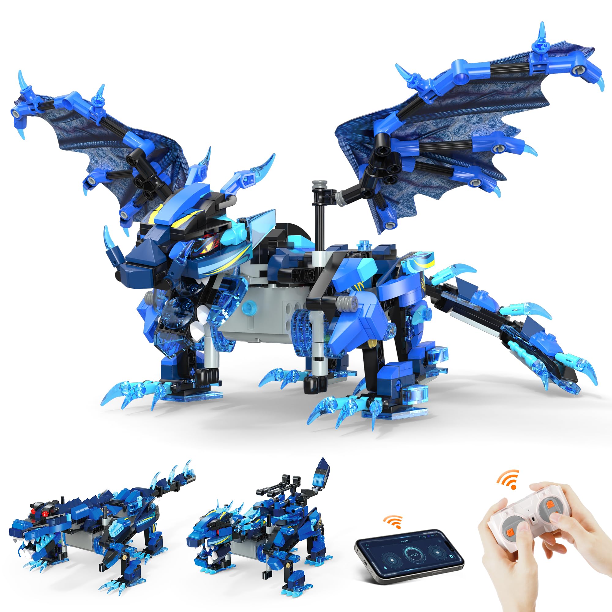 OASO Dragon Building Kit with Remote Control STEM Gifts for Boys Kids Ages 8-12, Coding Buildable Technic Toys for Birthday, Buildable 3in1 Models with 590 Pieces