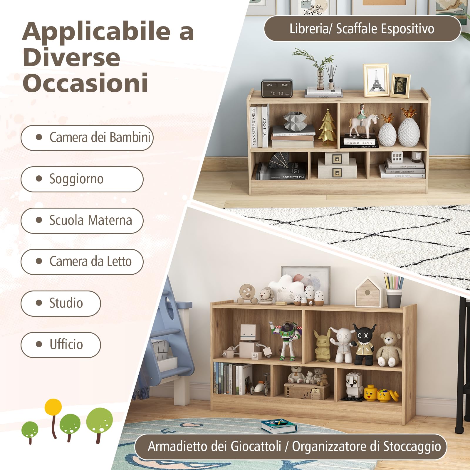 GYMAX Libreria Bassa in Legno, 2 Livelli, 5 Scomparti, Deposito Classificato, Ideale per Soggiorno, Studio ed Ufficio, Stile Moderno, 112 x 30,5 x 61 cm (Naturale)