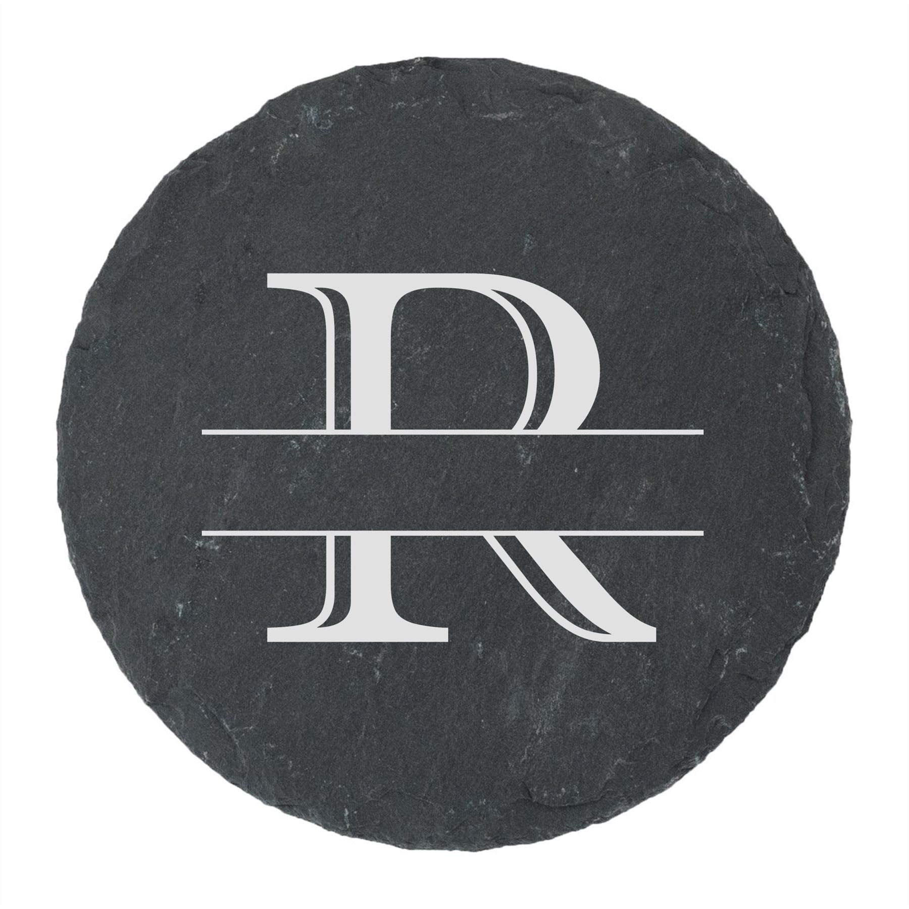 Personalised Engraved Novelty Initial and Name Round Slate Coaster, Letter R, Set of 4, Personalise with Any Name, Perfect for Any Occasion