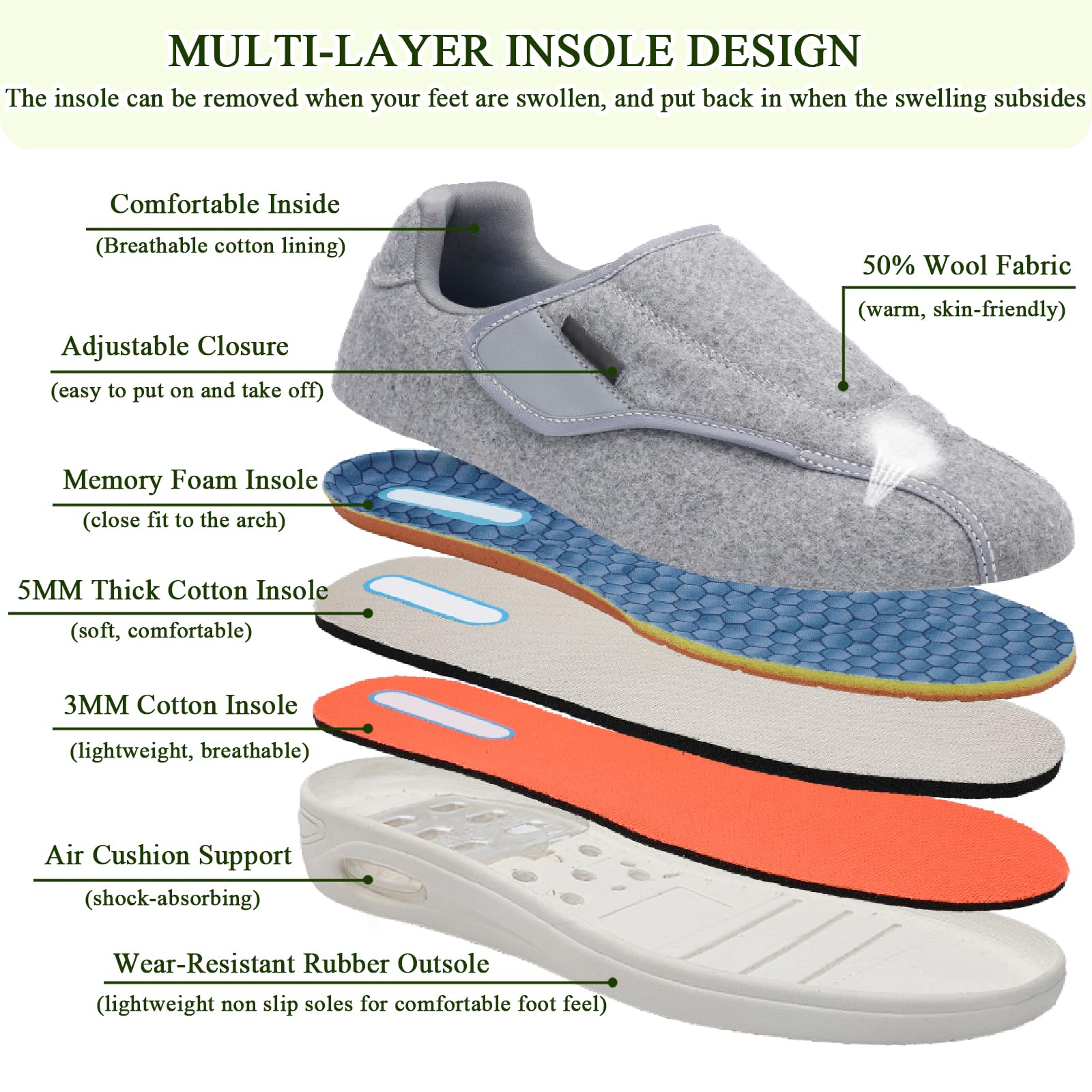 Zapatillas para Hombre con Cierre Ajustable para Pies Hinchados