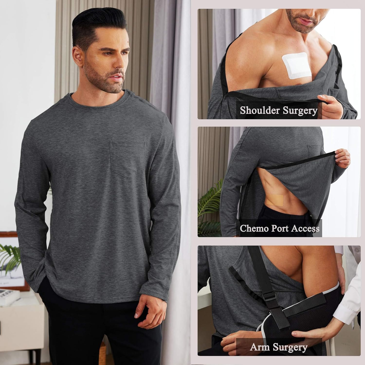 Deyeek Men's Post Shoulder Surgery Recovery Shirts Full Tear Away Long Sleeve Snap Chemo Port Access Shirt - Image 4