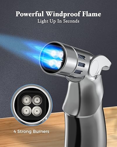 Miniatura 4 de Encendedor de antorcha, ajustable de 4 chorros de llama recargable, encendedor de combustible de butano, a prueba de viento, mini antorcha de butano