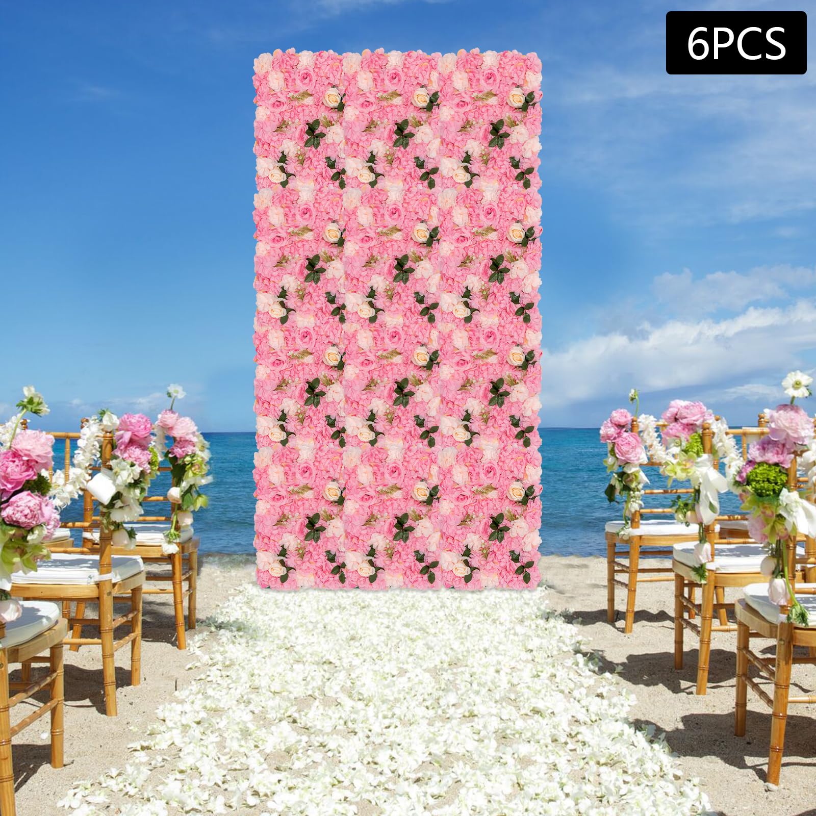 Blumenwandpaneel künstlicher Blumenhintergrund künstliche Blumenpaneele 6 Stück Dunkelrosa für Hochzeit Party Balkon Dekoration 40x60cm mit 3D Blumen UV beständig
