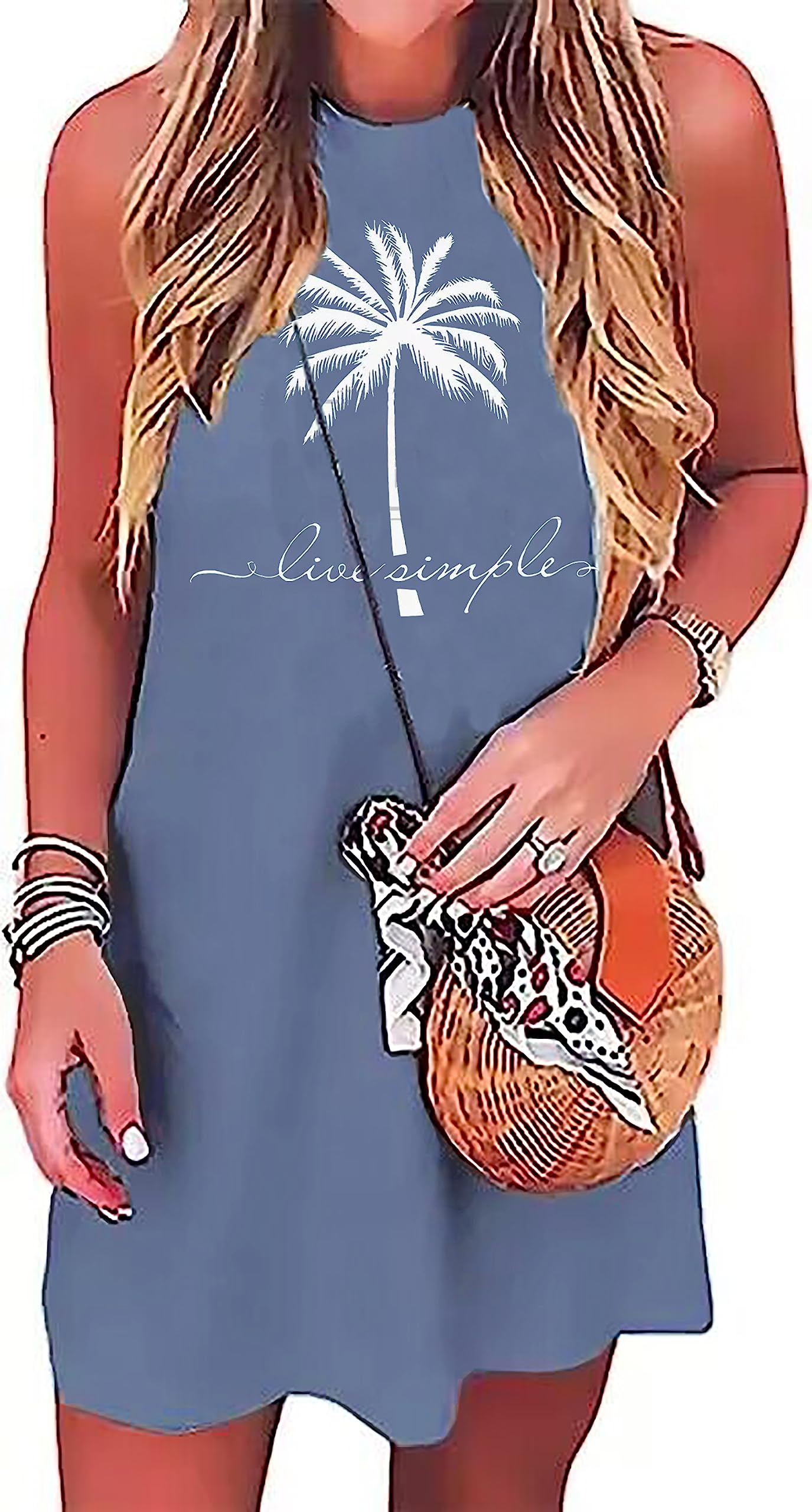 Sun Salt Sand Coconut Tree Tank Mini Dress for Women Sleeveless Beach Praty Shirts Summer Vacation Short Mini Dresses