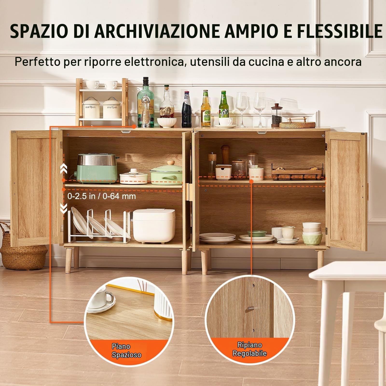 VEVOR Set di 2 Armadietti in Rattan, Armadio Portaoggetti in Rattan con 4 Ante Magnetiche e Ripiani Regolabili, Credenza Portaoggetti per Corridoio, Ingresso, Soggiorno o Cucina, Mobiletto da Casa
