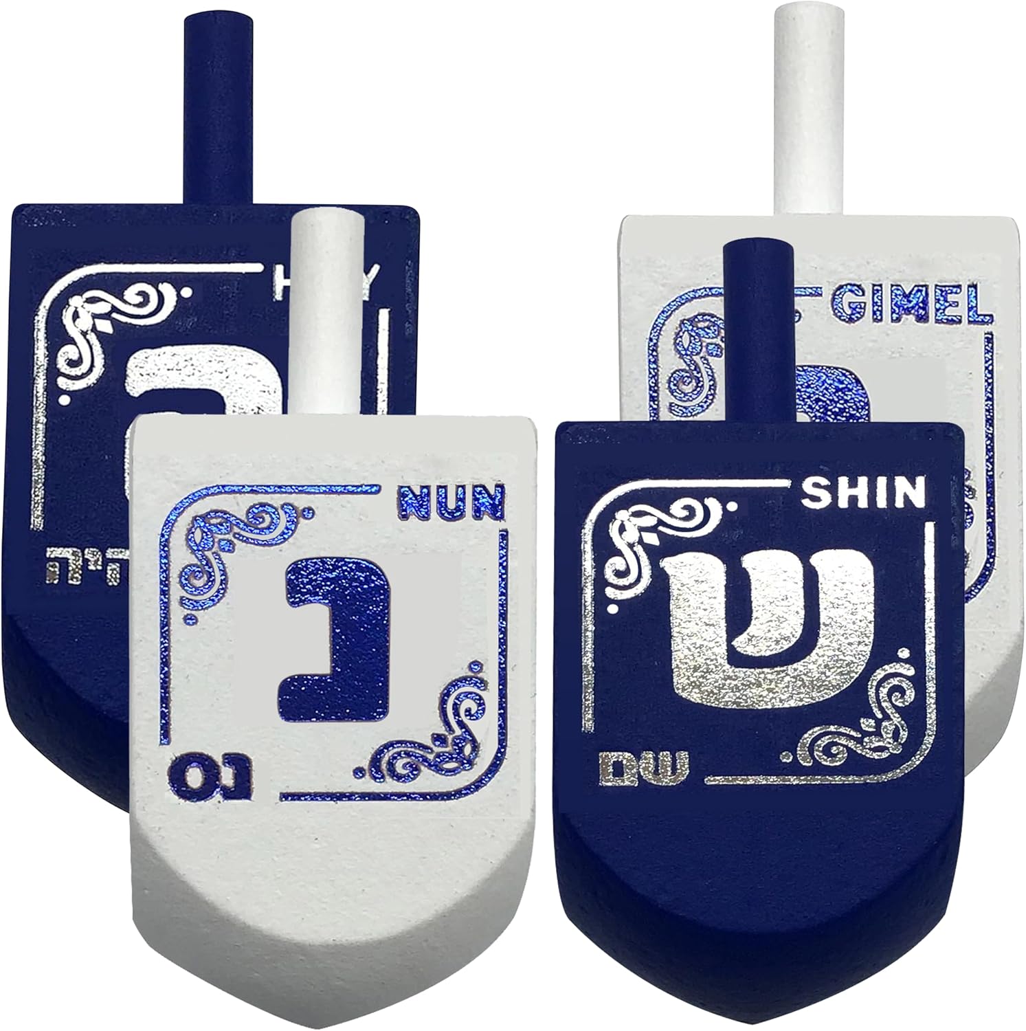 Hanukkah Dreidels - Extra Large Blue and White Wooden Dreidel - 4 Pack