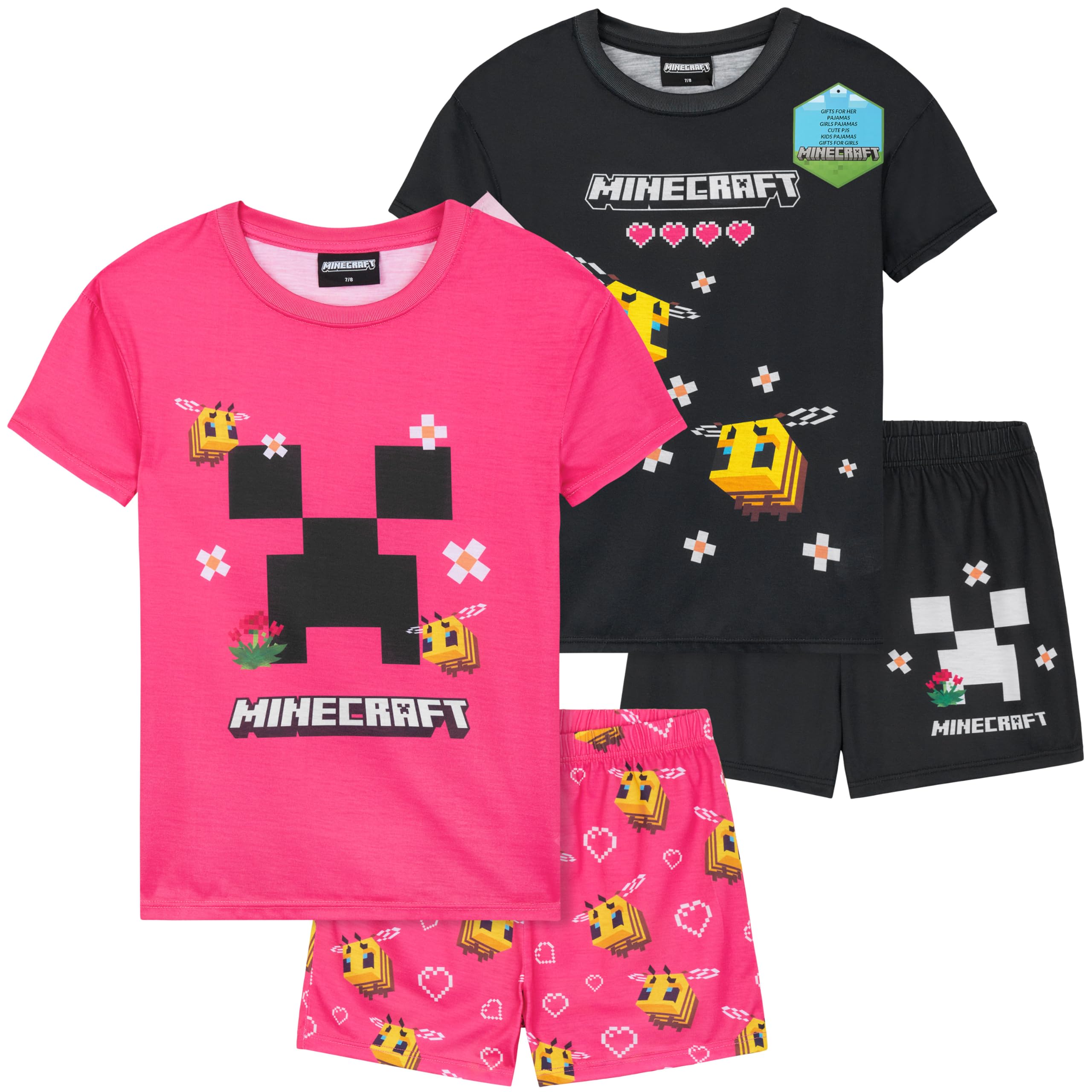 Get Trend Girls Black/Pink Minecraft Minecraft Pjs For Pack Of 2 Short Sleeve Pyjamas Set For Kids Teens Creeper Lounge Sets Nightwear Soft Comfy Sleepwear Gifts For (11-12 Years, )