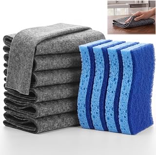 Sawysine 6 Pack Microfiber Cloths with 4 Sponges, Wood Pulp, Gray & Blue | Thickened 11.8x15.7 Inch Towels, Lint Free Streak Free, Heavy Duty for Kitchen Glass Car, Reusable Absorbent