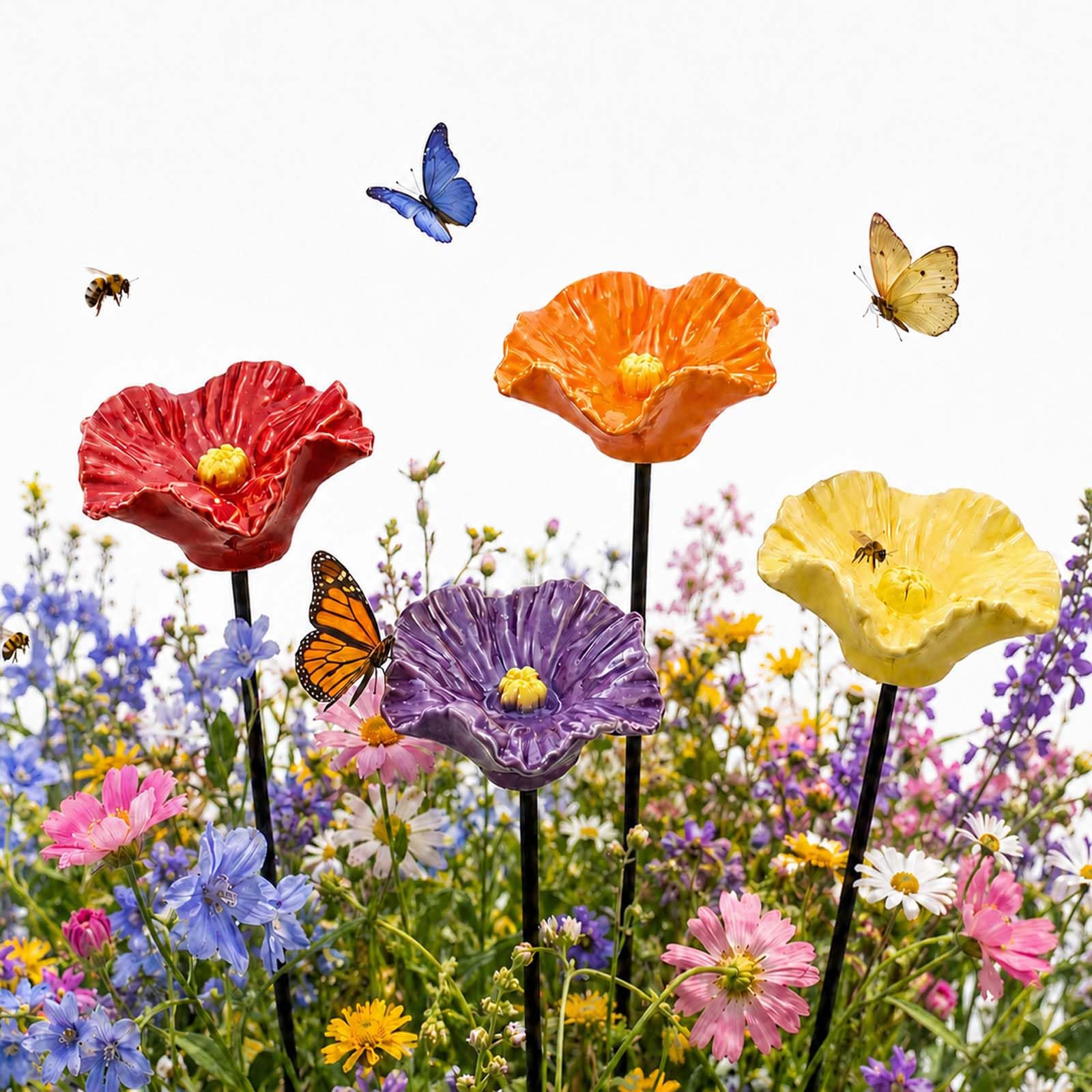 Generisch Bienentränke Keramik,Handgemachte BienenblüTen Wetterfeste Keramik-TräNken, 4er-Set,4 KeramikblüTen FüR Bienen, FüR Garten, Hof, Terrasse (4PC)