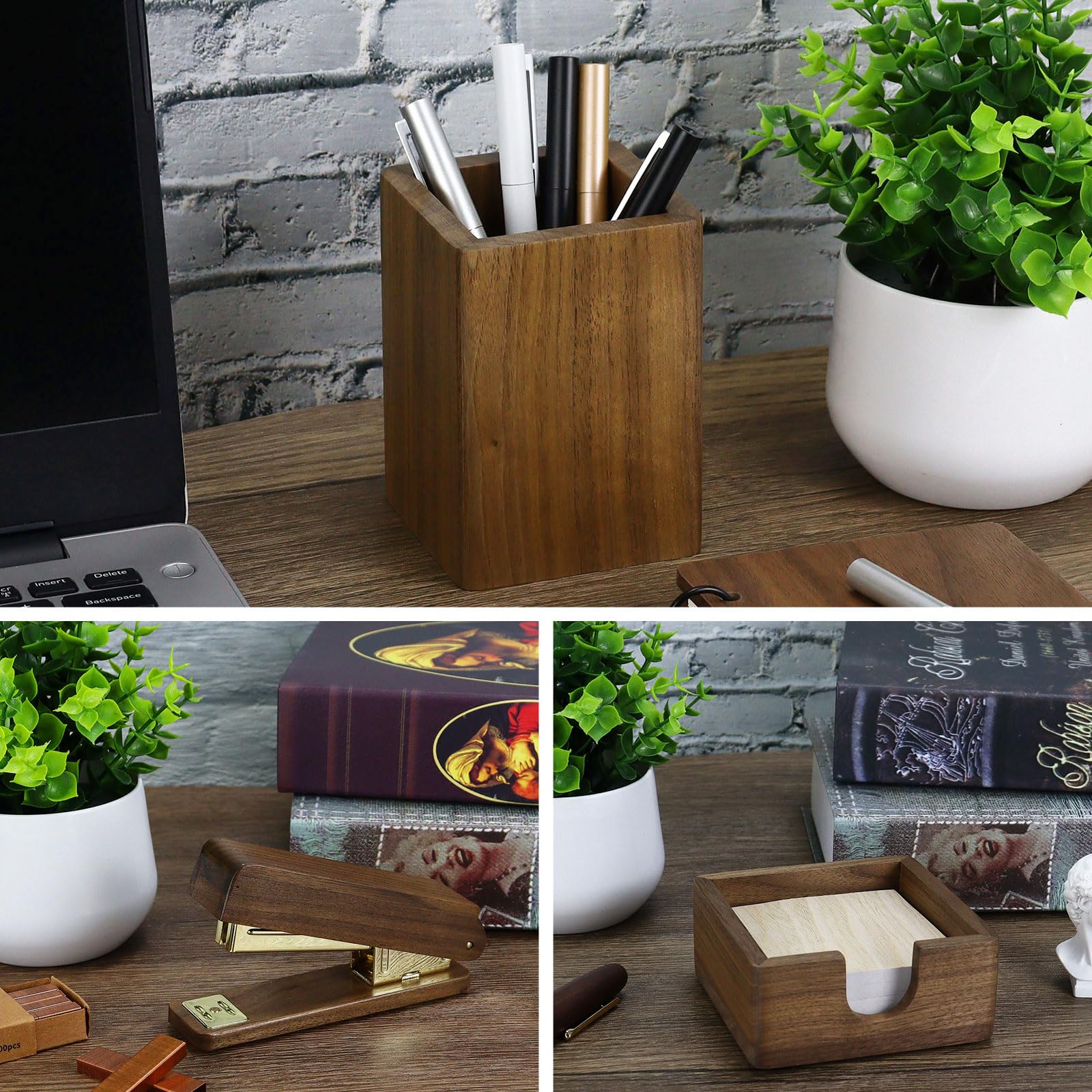 Walnut Wood Desk Organizer Set - 3-Piece Home Office Storage with Pen Holder, Note Clip & Stapler Portable Wooden Office Supplies Set for Students Eco-Friendly Desk Accessories - Image 2