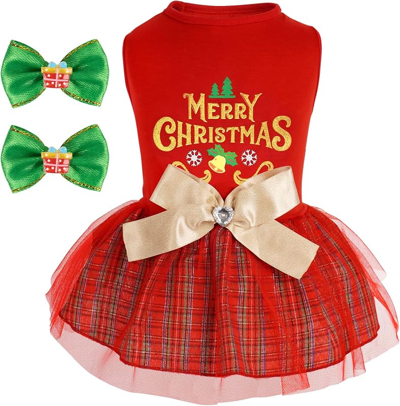 Vestido de Natal para Cães cyeollo com Saia de Tule e Laços de Cabelo, Vermelho, S