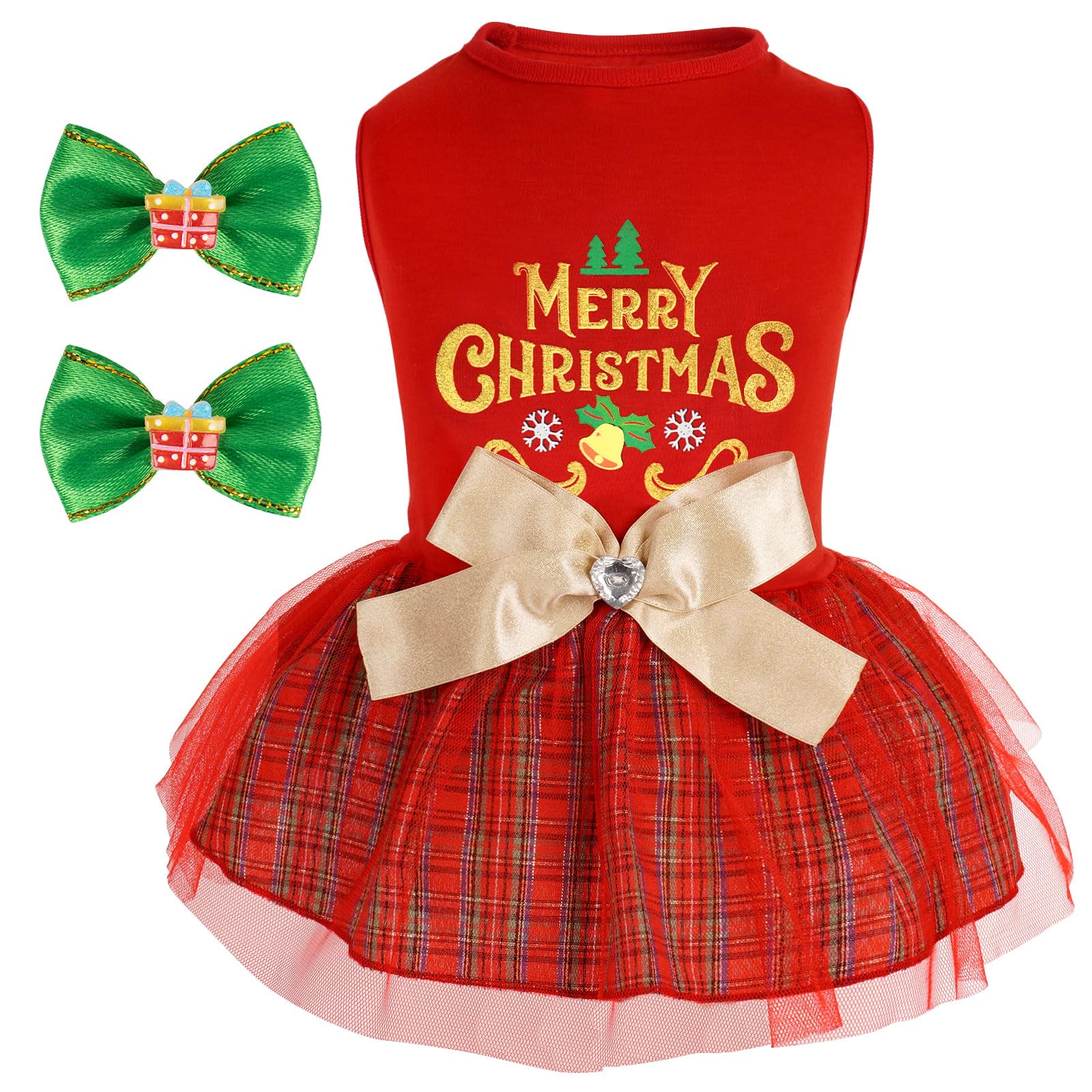 cyeollo Dog Dress Plaid Christmas Dog Clothing for Holiday Theme Outfits Bowtie Girl Pet Dresses for Small Dogs