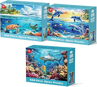 3 Pack Puzzles for Adults 500 Pieces, Sea Turtle Dolphins Sharks Puzzle 500 Piece, Challenging Ocean Jigsaw Puzzles with Letter on Back Poster, Gifts for Adults, Birthday & Game Night 20.5" x 15"