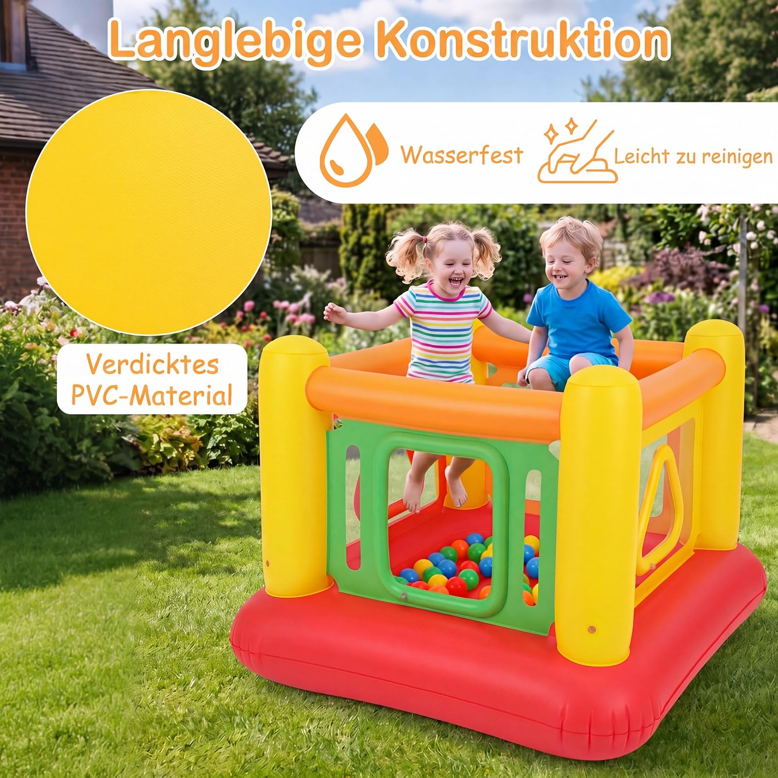 COSTWAY Hüpfburg, Bouncy Castle mit 4 Türen für Kinder, 160 x 160 x 125 cm (Rot + Gelb)