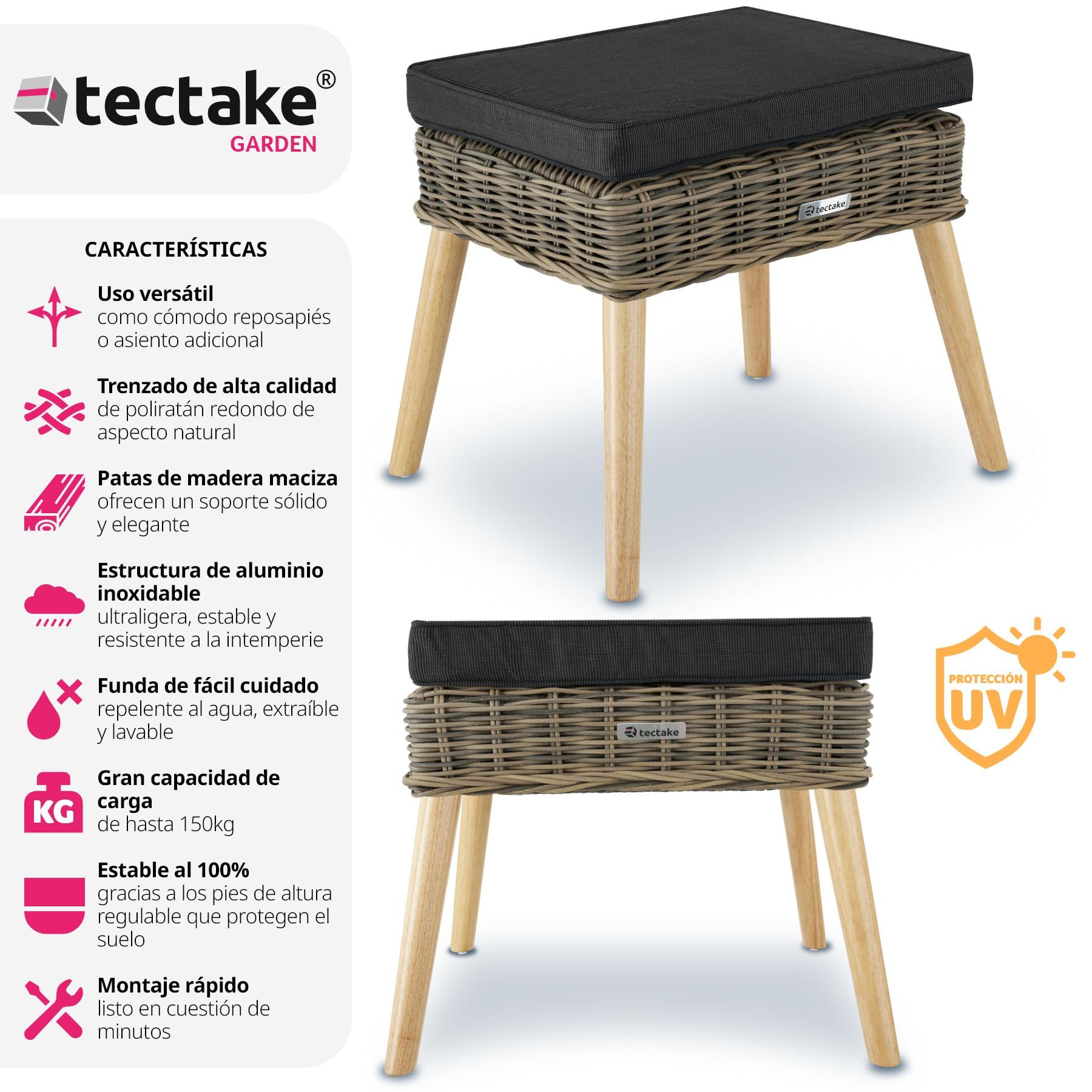 TecTake® Reposapies Salon de Ratán Sintético, Estructura de Aluminio, Funda Lavable, Patas de Madera Ajustables, Reposapies de Oficina, Ideal para tu Conjunto Jardin Exterior - Natural