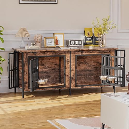 Mueble de jaula para perros, jaula doble para perros con parte superior de almacenamiento y cuencos giratorios para alimentos, perrera decorativa de
