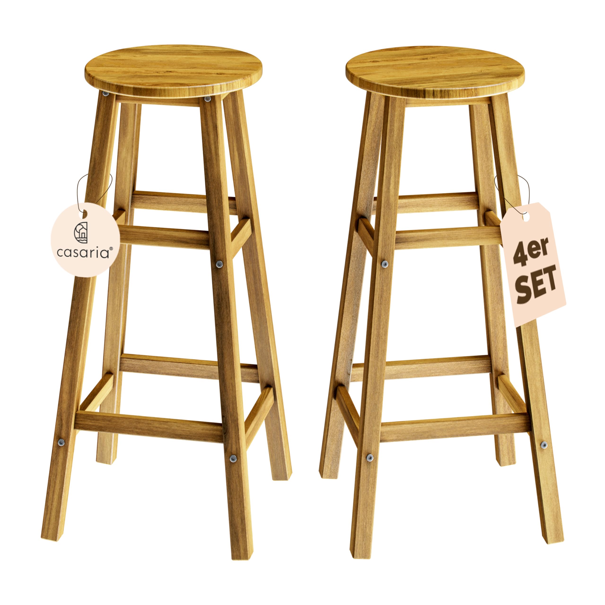 Casaria® Set di 4 Sgabelli da Bar in Legno D'acacia Altezza 75cm Design Rustico Sedia da Cucina Sgabello Tondo Bancone Poggiapiedi