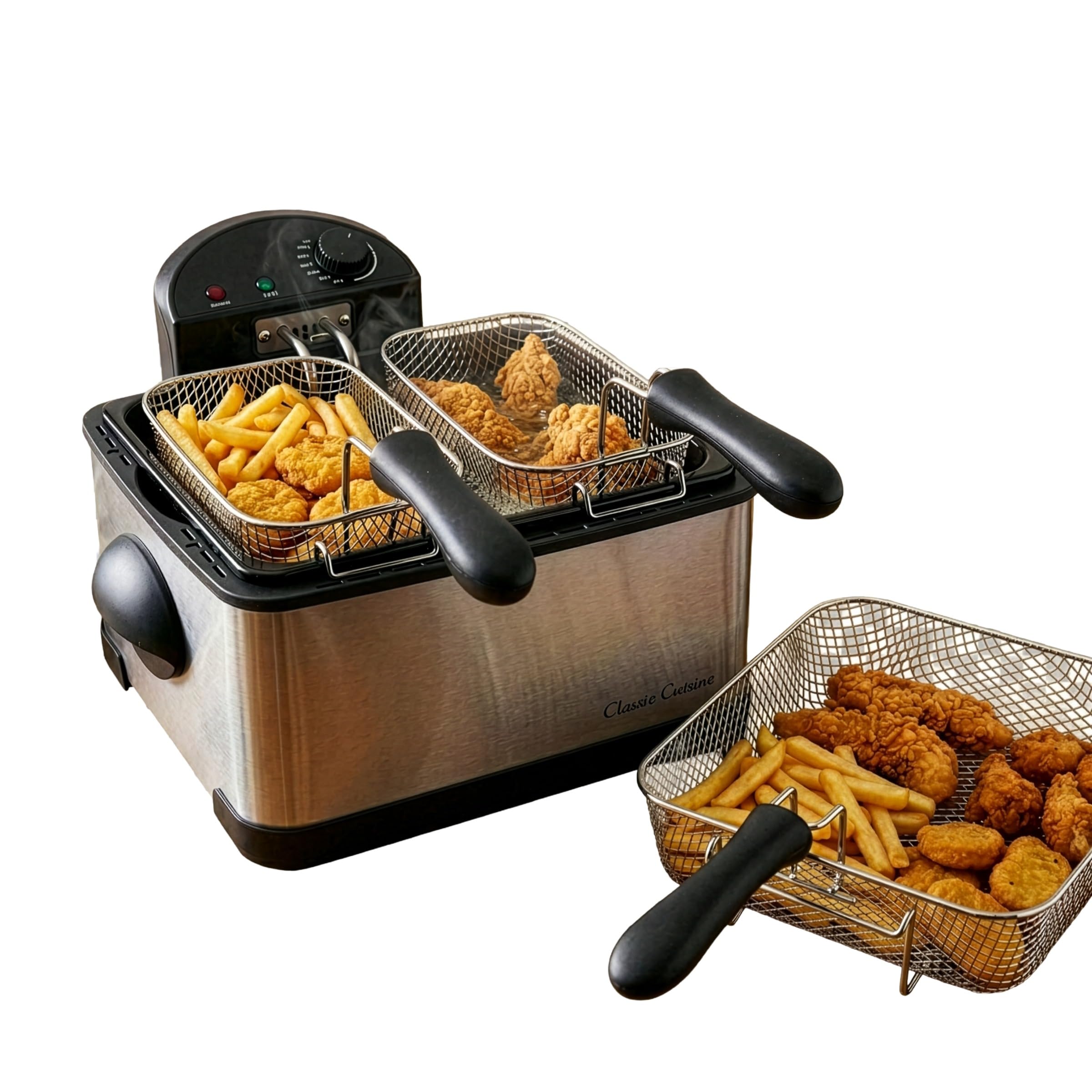 Deep Fryer - 4-Liter Electric Oil Fryer - 1 Large Basket and 2 Small for Dual Use - Stainless-Steel Cooker with Cool Touch Feature, See-Through Lid and Double Odor Filter Technology by Classic Cuisine