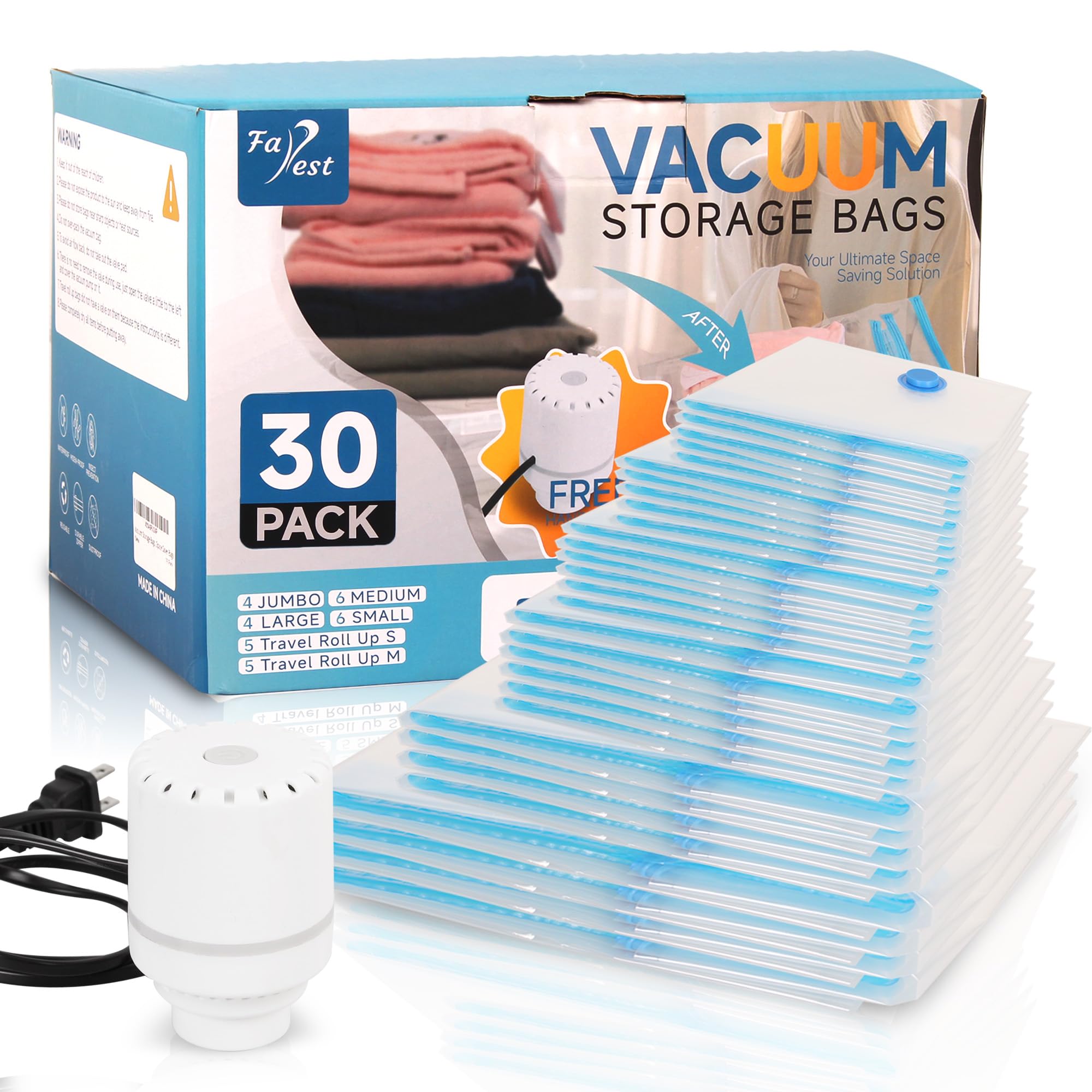 Paquete de 30 bolsas de almacenamiento al vacío con bomba de aire eléctrica, bolsas de ahorro de espacio (4 jumbo, 4 grandes, 6 medianas, 6 pequeñas, 5 rollos M/5 rollos S) bolsas selladoras al vacío