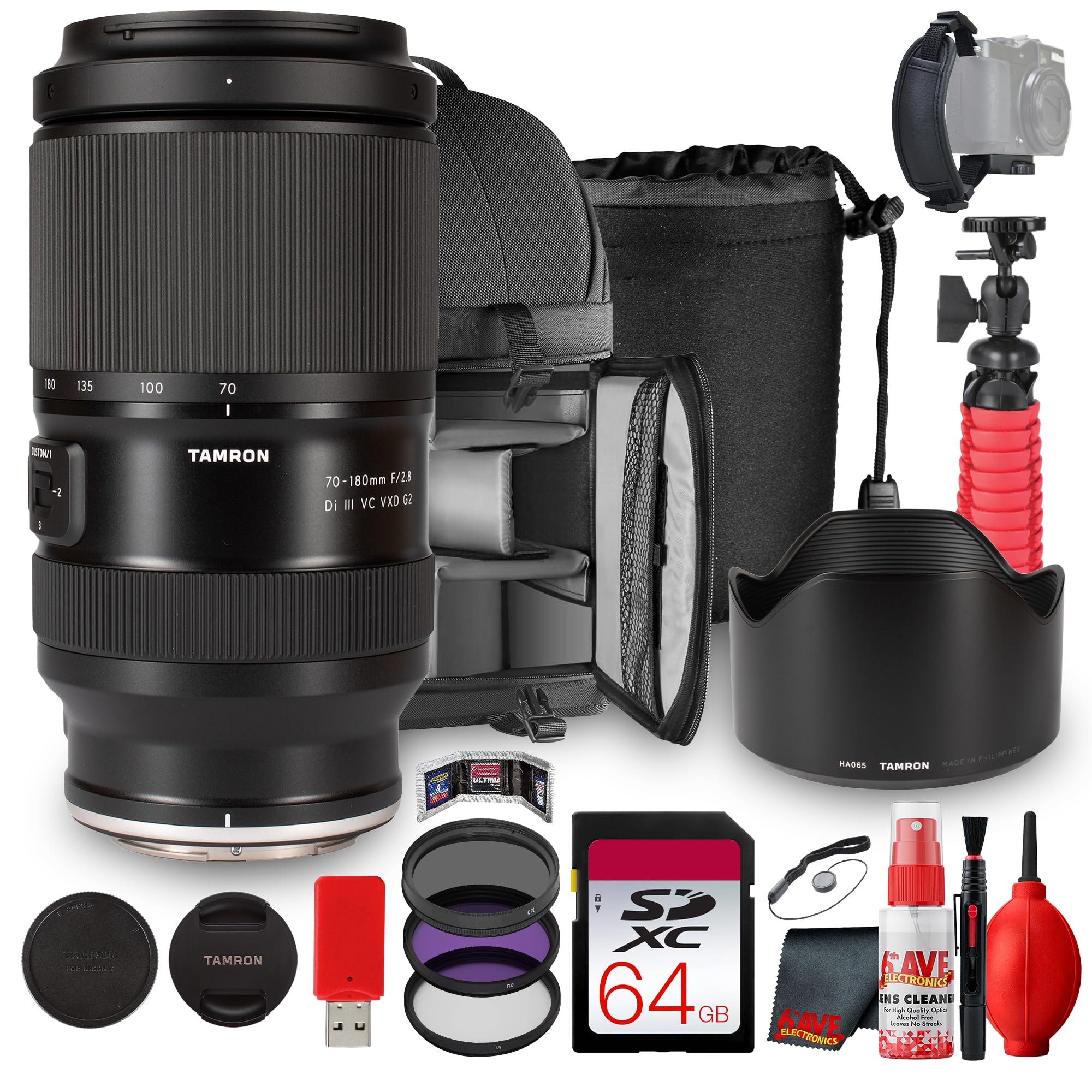 Tamron 70-180mm f/2.8 Di III VC VXD G2 Telephoto Zoom Lens Full Frame Nikon Z Mount Compact Lightweight Photography Bundle + 64GB Memory Card + Filter Kit + Backpack + Lens Pouch + Flexible Tripod +