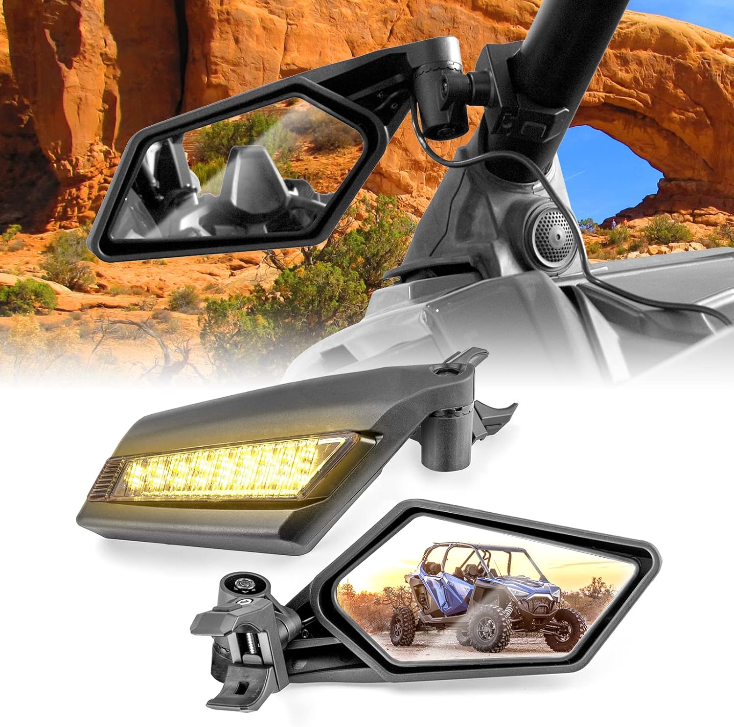 WeiSen UTV Rear View Side Mirror with Turn Signal LED Light for 1.5"-2" Roll Bar Cage Compatible with Polaris RZR Maverick X3 Pioneer Talon fit Kawasaki fit Yamaha