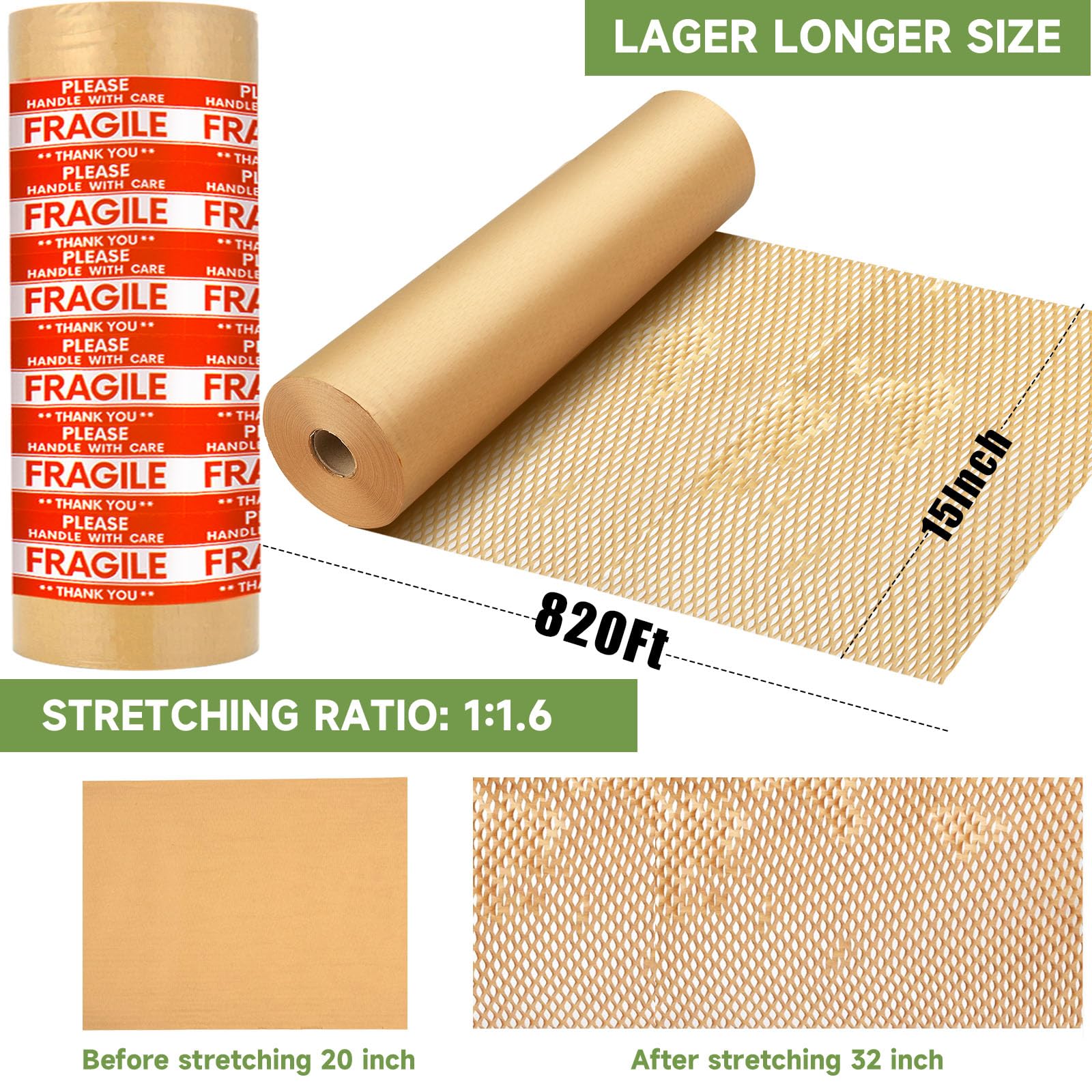 Wabenverpackungspapierfolie, 38,1 x 2,3 m, Ersatzalternative für Luftpolsterfolie für Umzug, Versandverpackung, recycelbares Umzugszubehör mit 48 zerbrechlichen Aufkleber-Etiketten