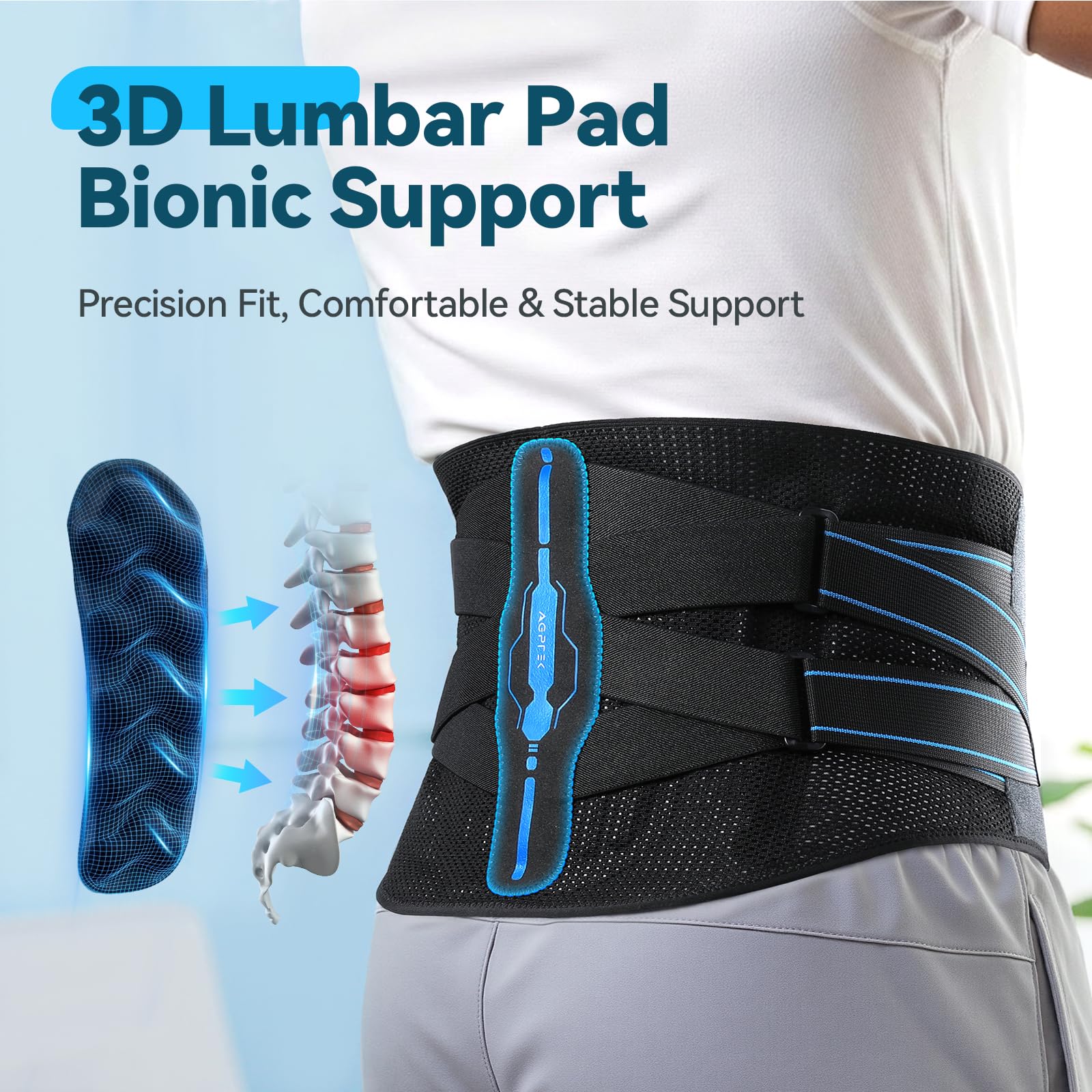 AGPTEK Pas lędźwiowy, oddychający pas podtrzymujący plecy z ergonomiczną poduszką 3D, łagodzi ból lędźwiowy, regulowany pasek z podwójnym paskiem, do uprawiania sportu, kulturystyki, mężczyzn i kobiet