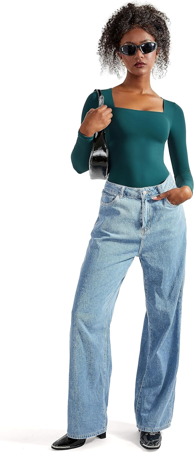 SUUKSESS Women Square Neck Long Sleeve Bodysuit Sexy Thong Bodysuit Shirts - Image 4