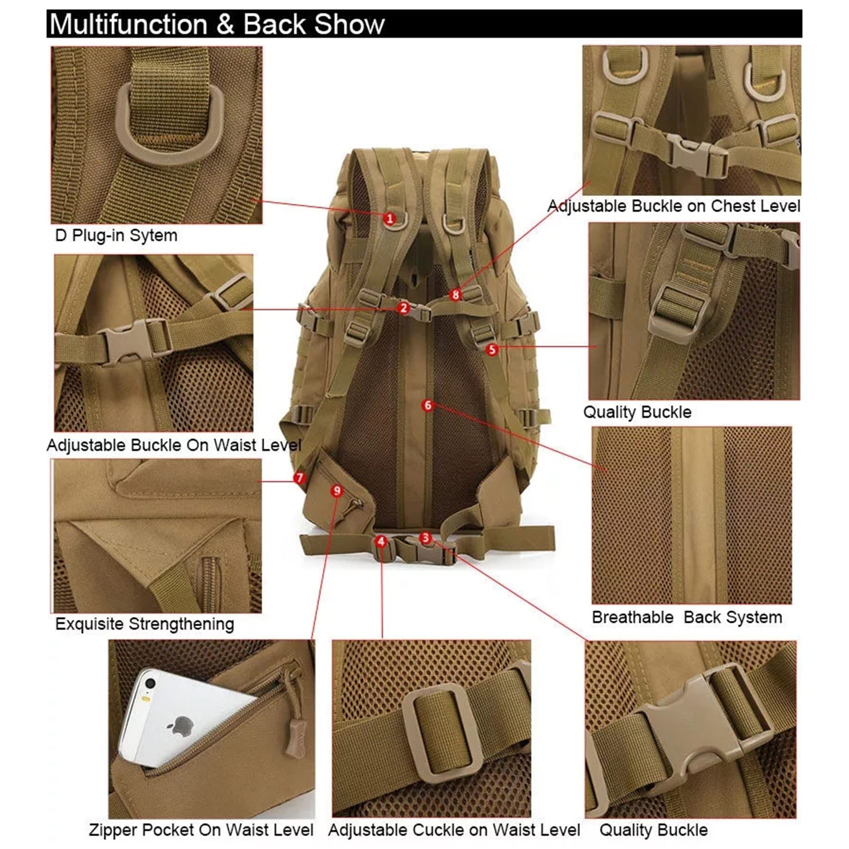 Plecak turystyczny Outdoor 60L wodoodporny plecak sportowy plecak kamuflażowy 800D wojskowy wentylator taktyczny Camping piesze wycieczki plecak podróżny, 5, jeden rozmiar