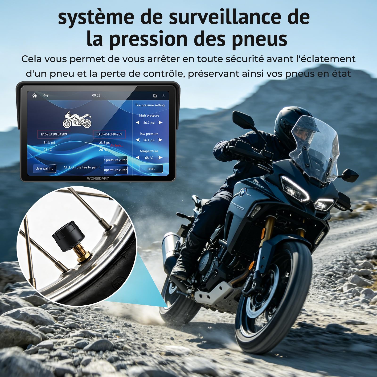 Écran Moto CarPlay 7",CarPlay et Android Auto sans Fil avec TPMS
