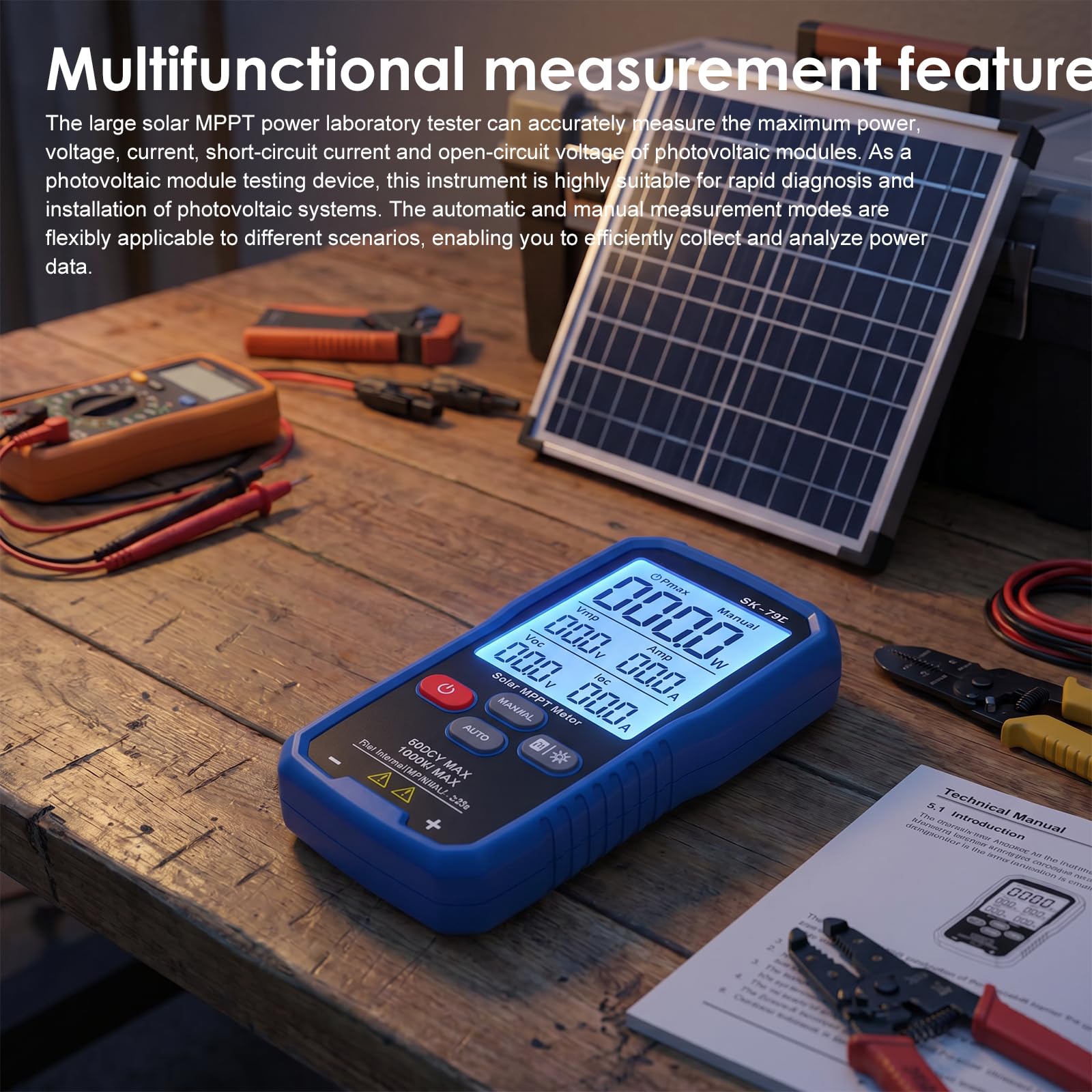 SK-705 Solar MPPT 1000 W Tester di potenza per moduli fotovoltaici, tester PV portatile con LCD da 3,2", misurazione automatica e manuale, Voc Isc Vmp Pmax