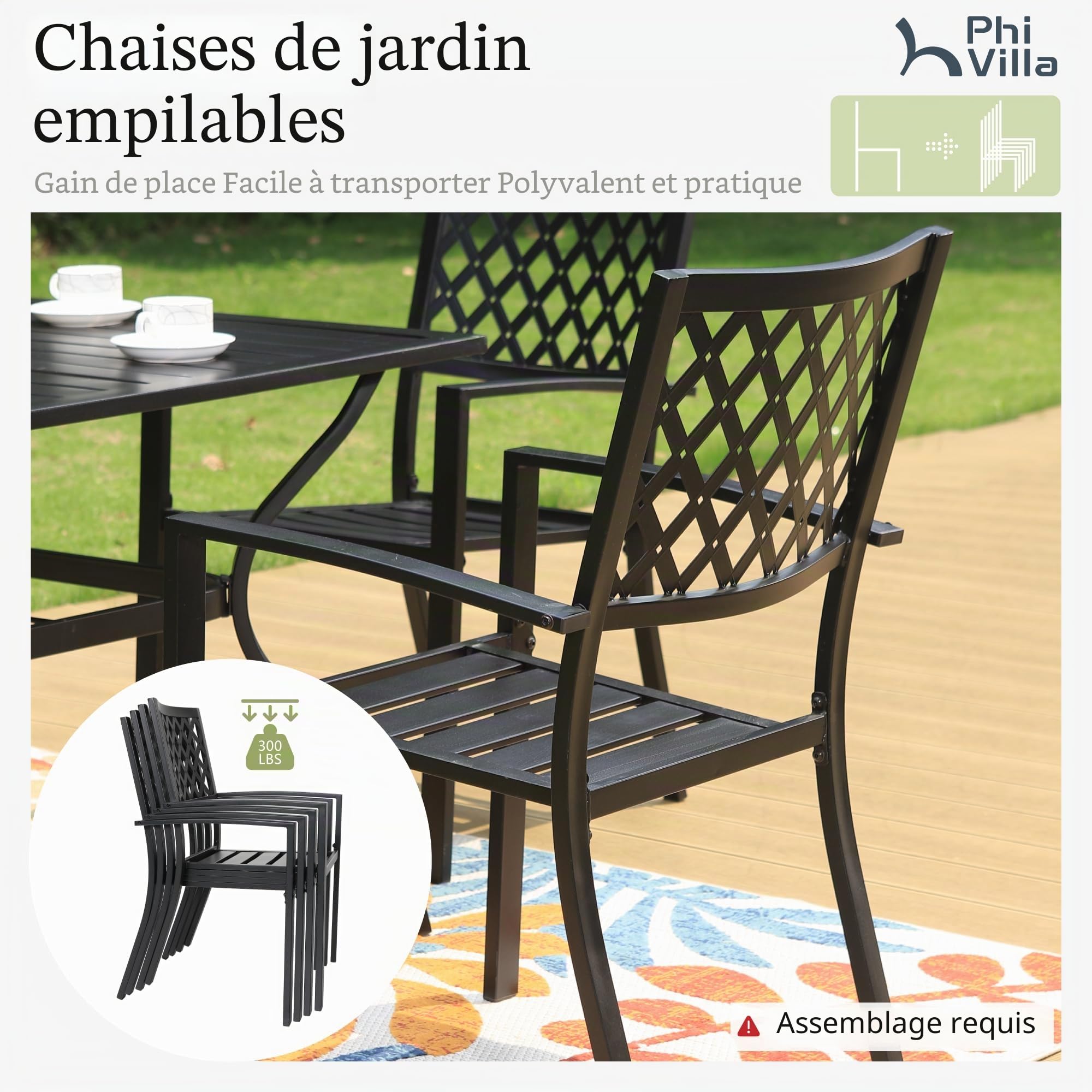 PHI Villa Salon de Jardin 5 pièces pour 4 Personnes, Ensemble de mobilier d'extérieur avec Table Ronde et chaises métal empilables, revêtement E pour Balcon, terrasse et Cour