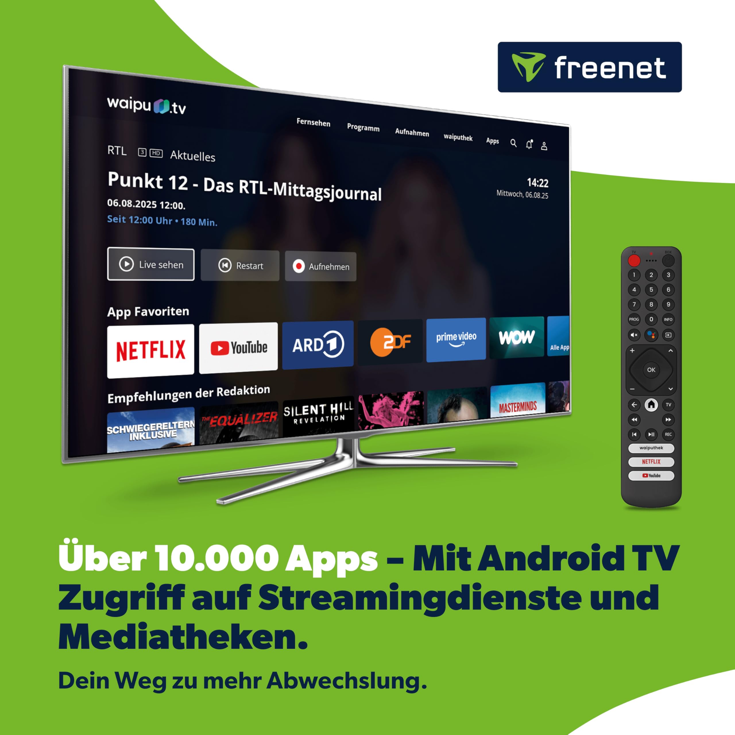 freenet TV Hybrid TV Stick, DVB-C/T2 & Streaming, 3 Monate freenet TV, Android TV 3, WLAN HDMI Streaming Stick mit Chromecast, 4K UHD