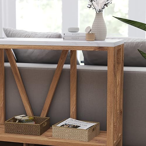Miniatura 6 de Merrick Lane Erikson - Mesa de sofá - Diseño moderno de granja - Madera de ingeniería resistente a la deformación en roble cálido - Parte superior