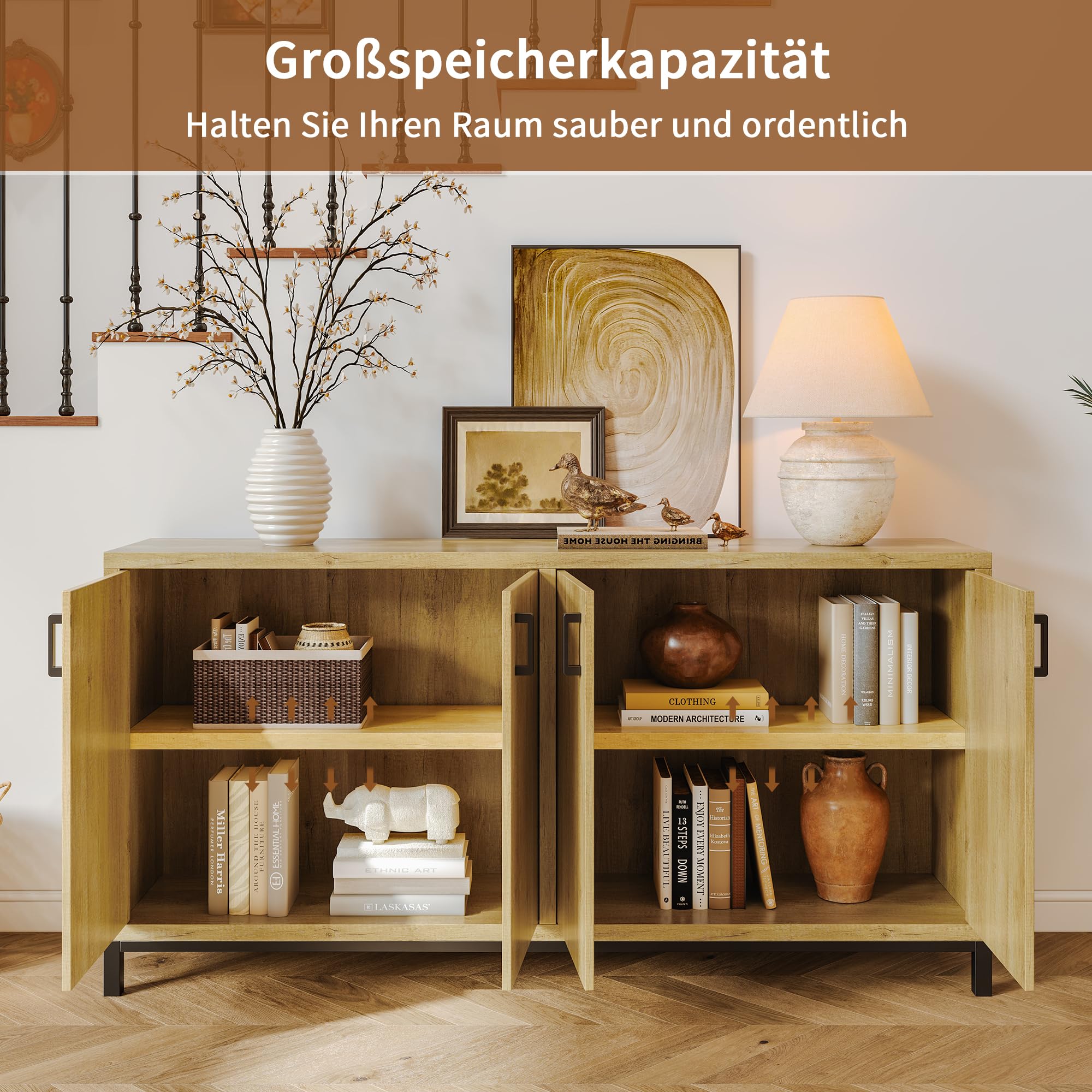 Komoda z 4 drzwiami, szafka bufetowa z czarnymi metalowymi uchwytami i 2 regulowanymi półkami, metalowe nogi, komoda z litego drewna, do sypialni, salonu, 160 x 35 x 80 cm