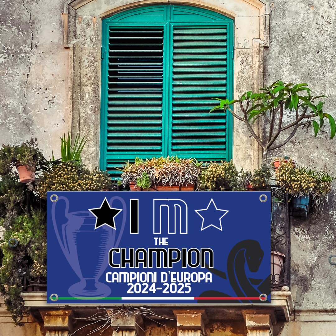 Banner Striscione con Occhielli In PVC per esterno Celebrativo Neroazzurri Vittoria Champions 2025 Monaco Campioni D'Europa 24-25, STAMPA PROFESSIONALE per Interisti Tifosi Ultras Calcio (100x600cm)