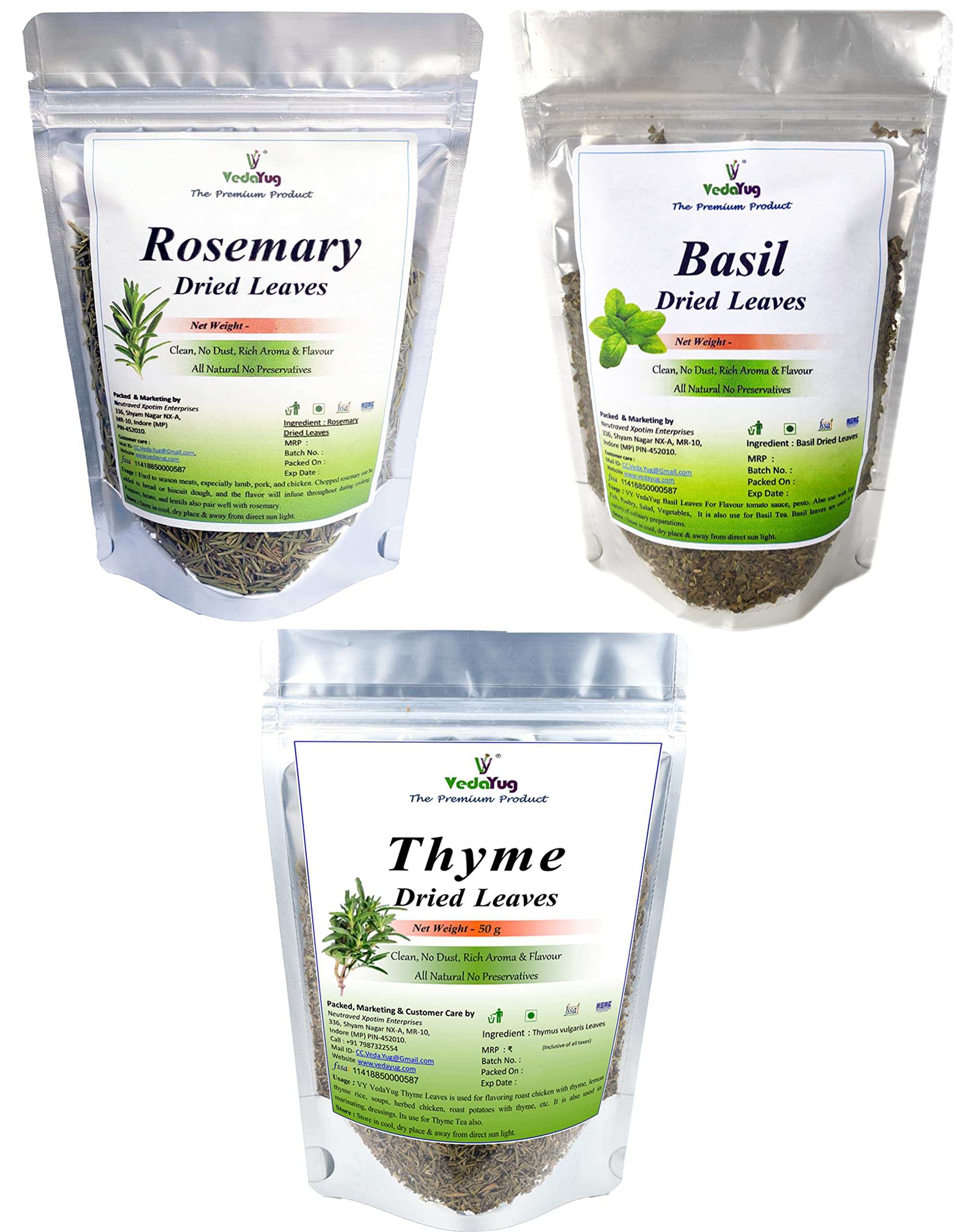 VY VedaYug Dry Herbs Combo Rosemary Dried 50g Basil 35g Thyme 50g